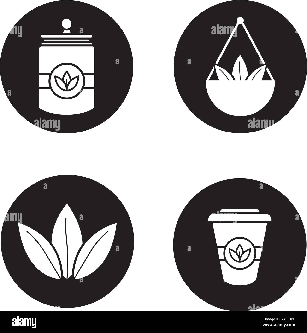 Kaffee Glyphe Symbole gesetzt. Loser Tee Blätter in loser Schüttung, Einweg Pappbecher, Container. Vektor weisse Silhouetten Abbildungen in schwarzen Kreisen Stock Vektor