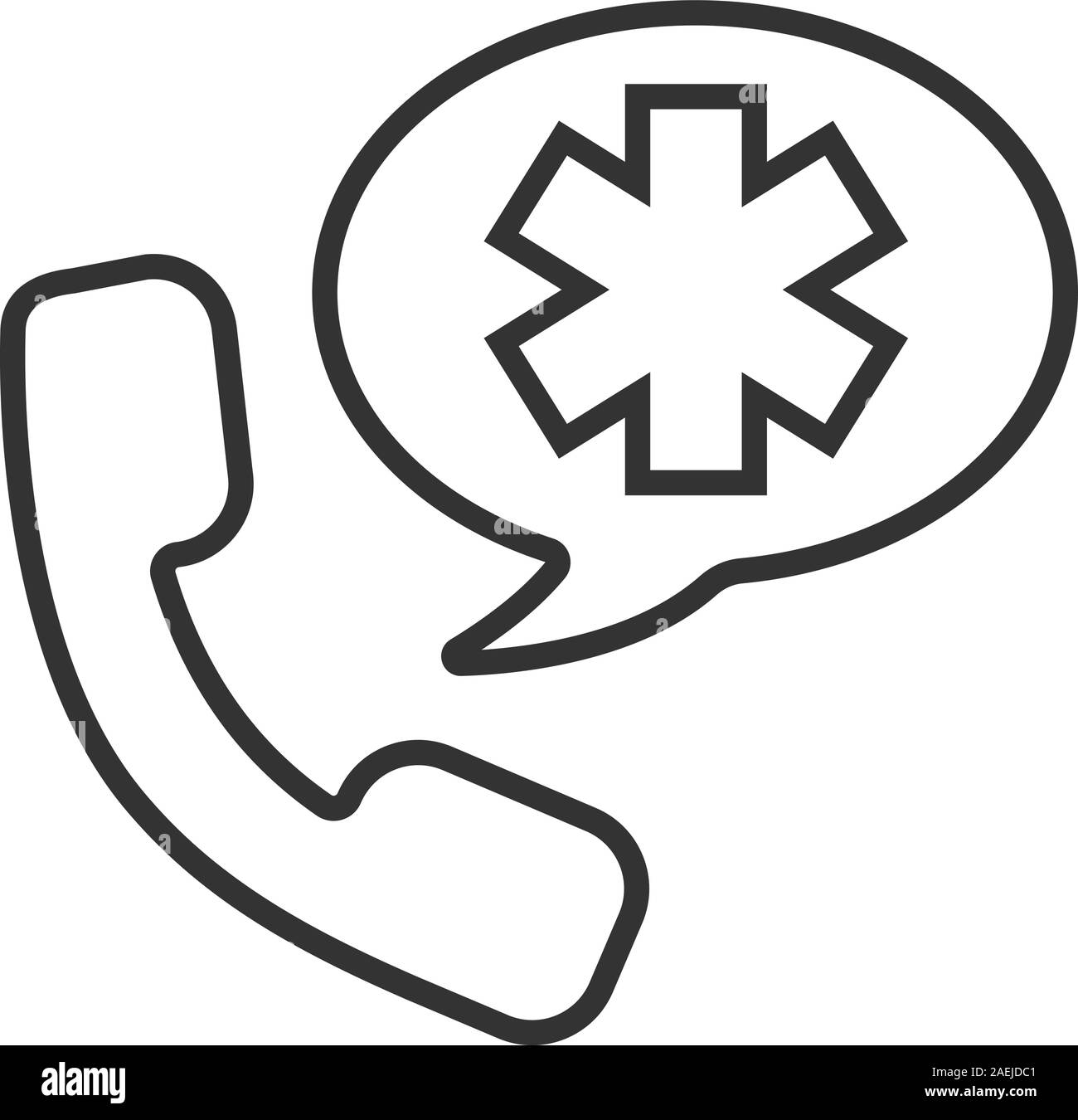 Notfall Anruf ins Krankenhaus. Lineare Symbol. Dünne Linie Abbildung. Hörer mit Stern des Lebens innerhalb Sprechblase. Kontur Symbol. Vektor isoliert Stock Vektor
