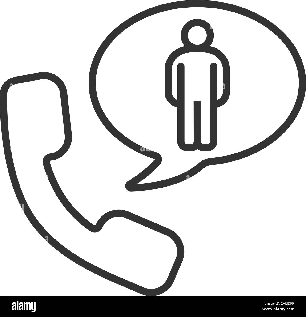 Telefon sprechen über den Menschen lineare Symbol. Dünne Linie Abbildung. Hörer mit Mann innerhalb Sprechblase. Kontur Symbol. Vektor isoliert Maßbild Stock Vektor