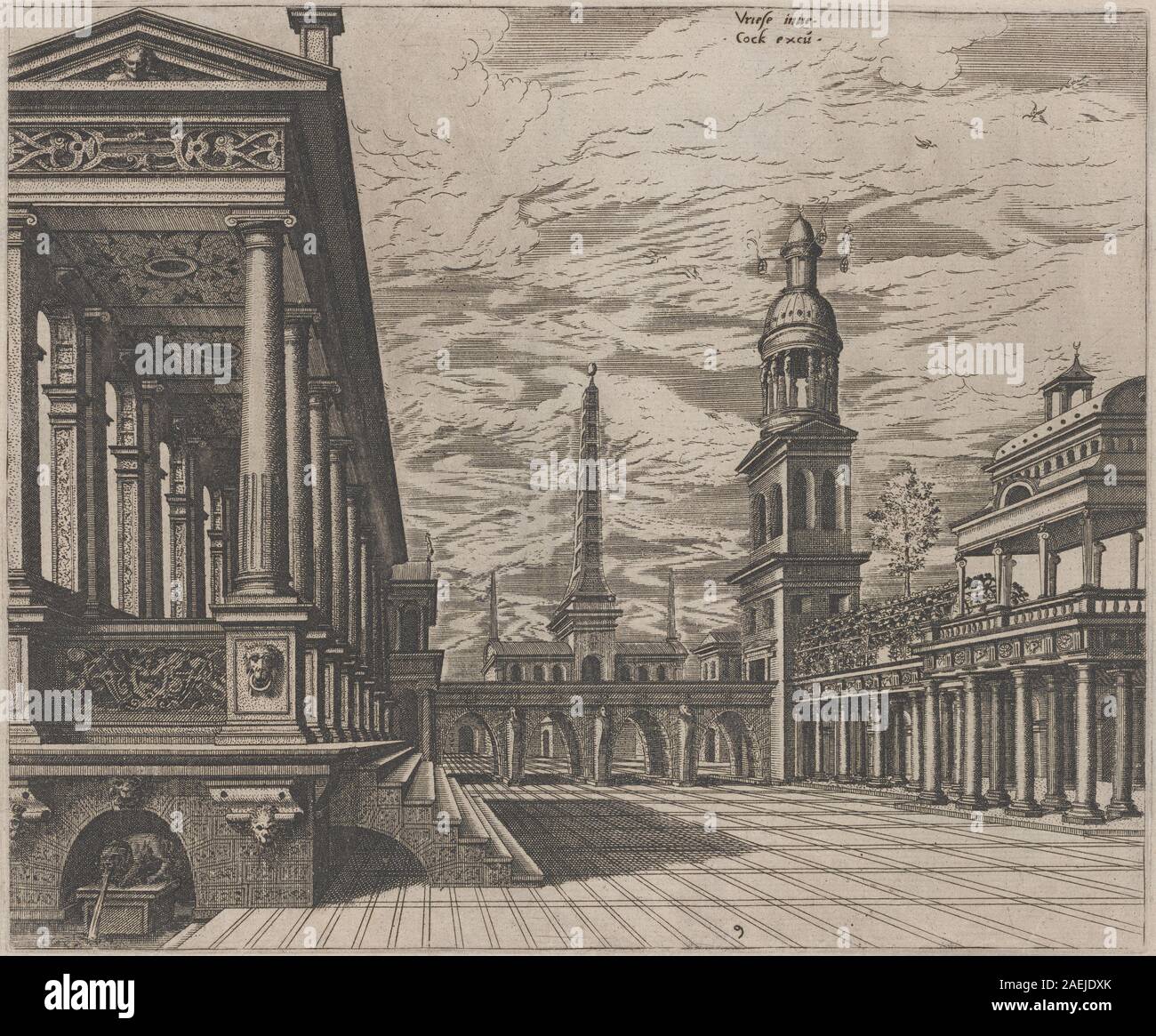 Lucas van Doetechum und Johannes van Doetechum, der Ältere, nachdem Hans Vredeman de Vries, Stadtplatz mit einem Säulengang an der Linken, 1560 Marktplatz mit einem Säulengang am Linken; 1560 Datum Stockfoto