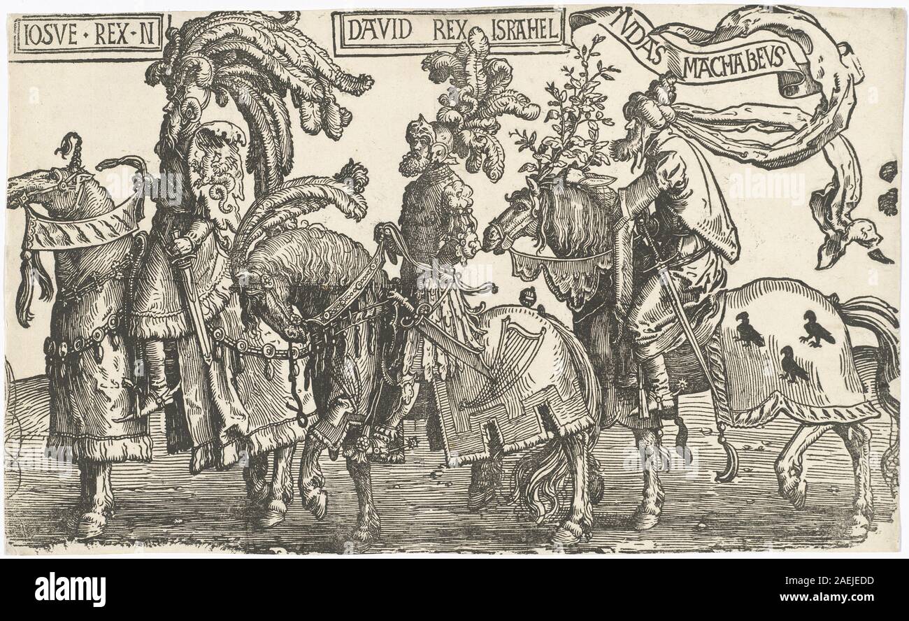 Ein Gemälde von Lucas van Leyden aus dem Jahr 1515-1517, das biblische Figuren Joshua, David und Judas Makkabäer zeigt. religiöse Ikonographie und niederländischer Stil des frühen 16. Jahrhunderts. Stockfoto