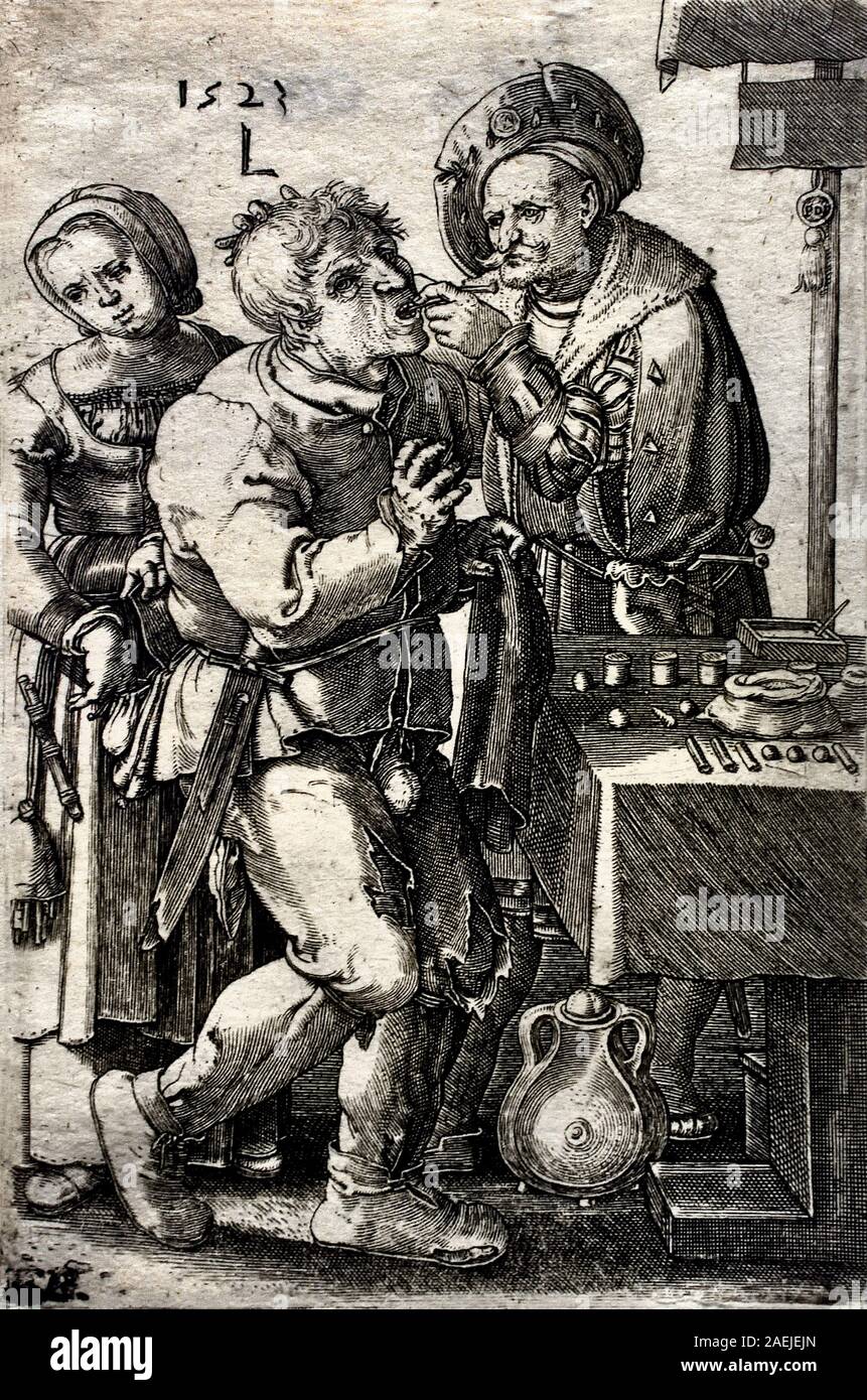 Der Zahn Abzieher, Hendrik Muller nach Lucas van Leyden 1630 Niederländische, die Niederlande, Holland, Stockfoto