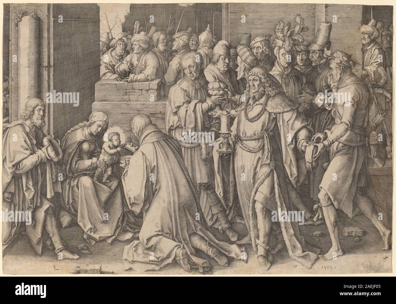 Stich von Lucas van Leyden, 1513, die Anbetung der Könige, Figuren, Geschenke, Haltung, Geste, Bademäntel, Hintergrund und Komposition. Stockfoto