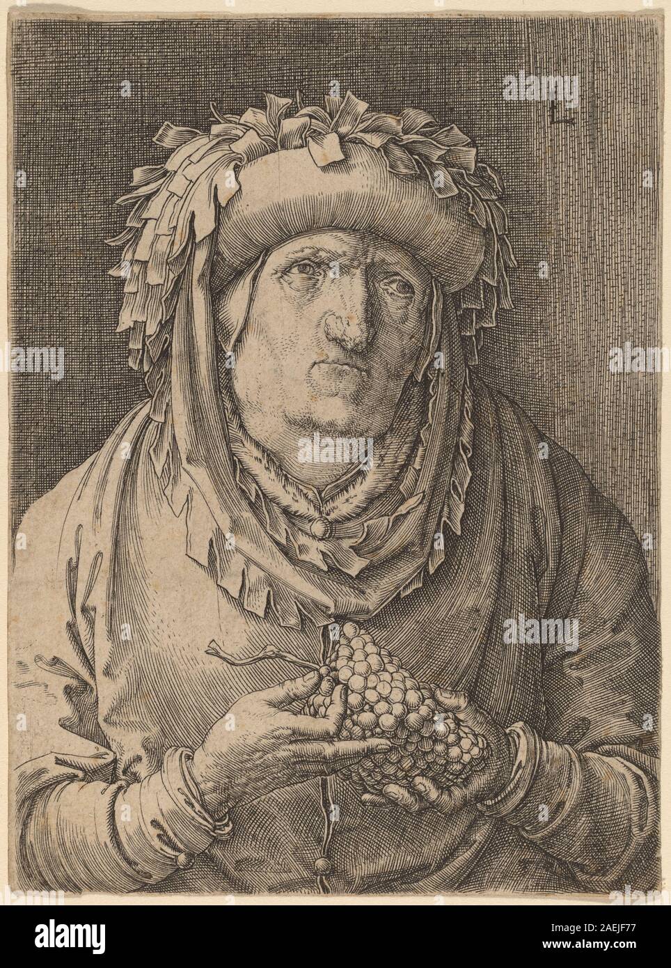 Lucas van Leyden, die alte Frau mit Trauben, c 1523 Die alte Frau mit Trauben; circa 1523 Datum Stockfoto