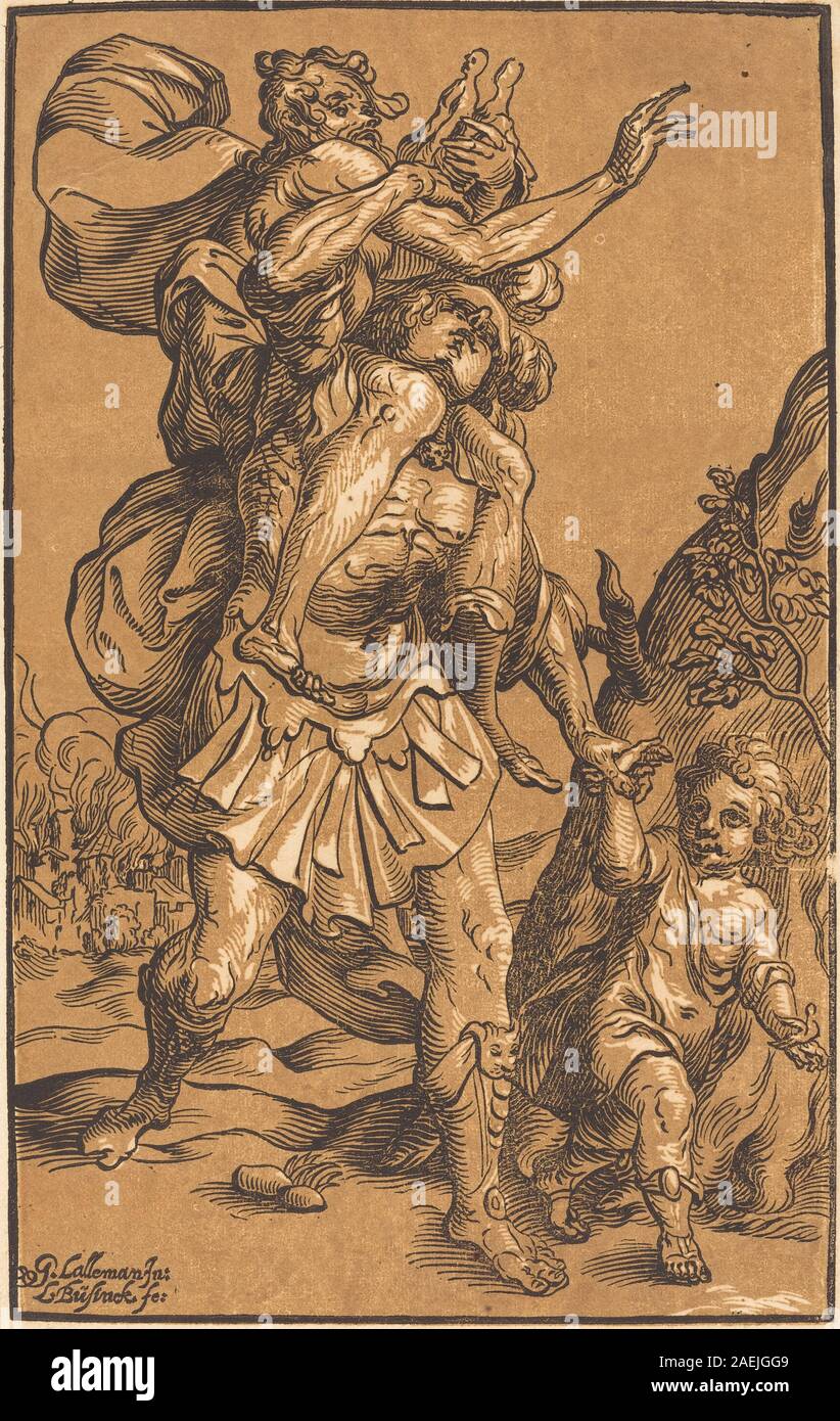Ein Druck von Ludwig Büsinck nach Georges Lallemand, der Aeneas mit seinem Vater Anchises aus Troja zeigt, mit Figuren, Gesten, architektonischen Ruinen und französischem Stil des frühen 17. Jahrhunderts. Stockfoto