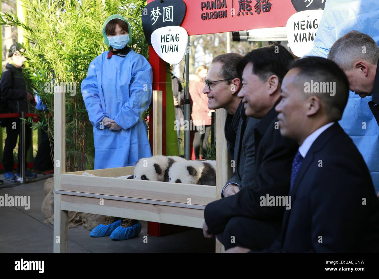 Deutschland, Berlin, 09.12.2019, Michael Müller, WU Ken, in der Panda-Garden. Die offiziellen Namen der beiden männlichen Zwillinge sind Meng Xiang (ersehnten Traum) und Meng Yuan (zufrieden Traum) im Zoo Berlin. Nach der chinesischen Tradition, die Namen der Panda nachkommen wird anlässlich des 100. Tag des Lebens bekannt gegeben. Stockfoto