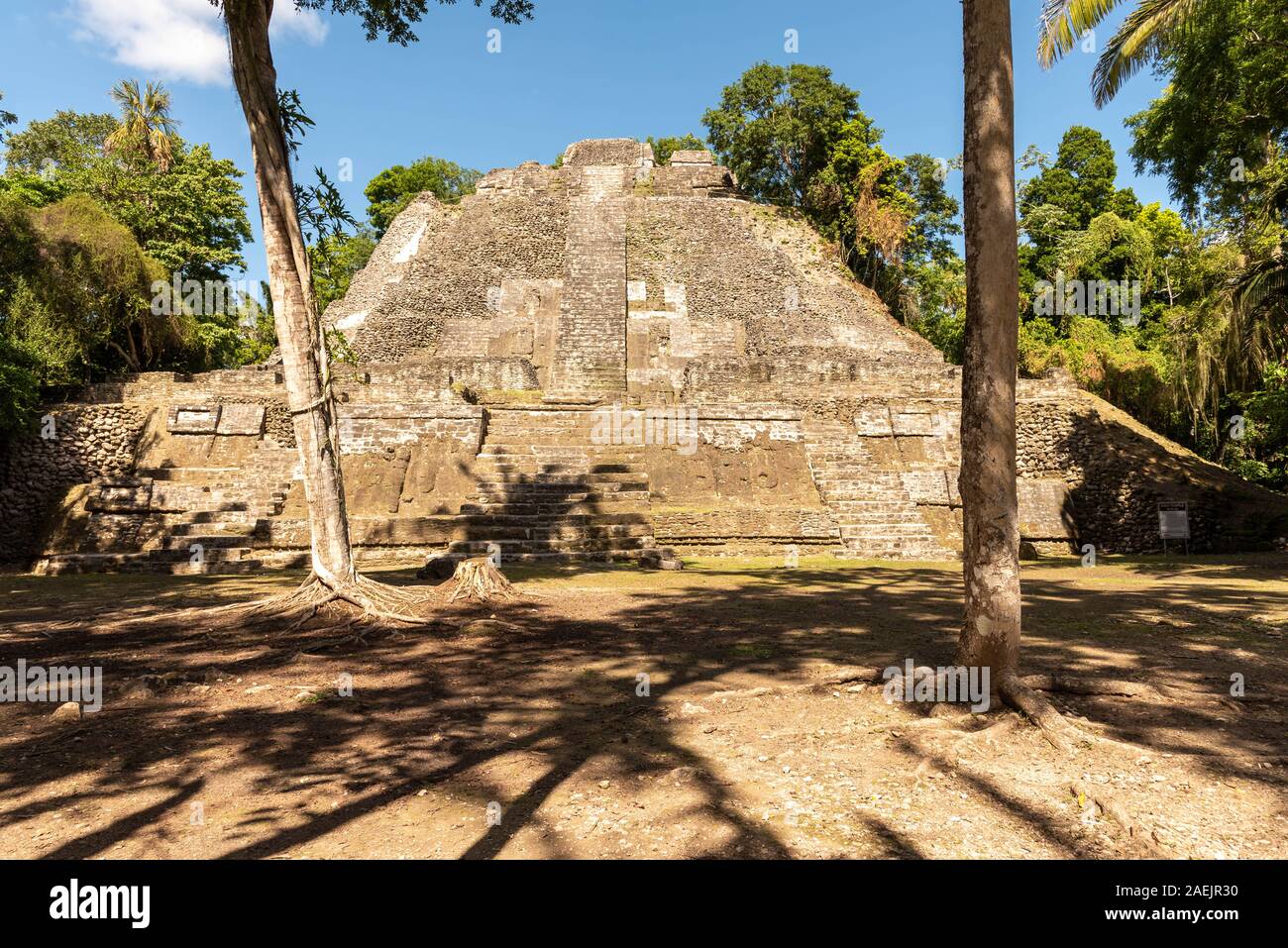 Orange Walk County, Belize - November, 16, 2019. Ein Blick auf die Hohen Tempel in Lamanai archäologische Reserve, ein beliebtes Ziel für Touristen und Fernbedienung Stockfoto