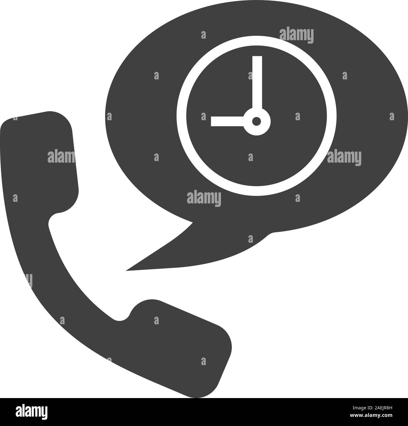 Telefon sprechen Dauer glyph Icon. Silhouette Symbol. Mobilteil mit Uhr in der Sprechblase. Negativer Platz. Vektor isoliert Abbildung Stock Vektor