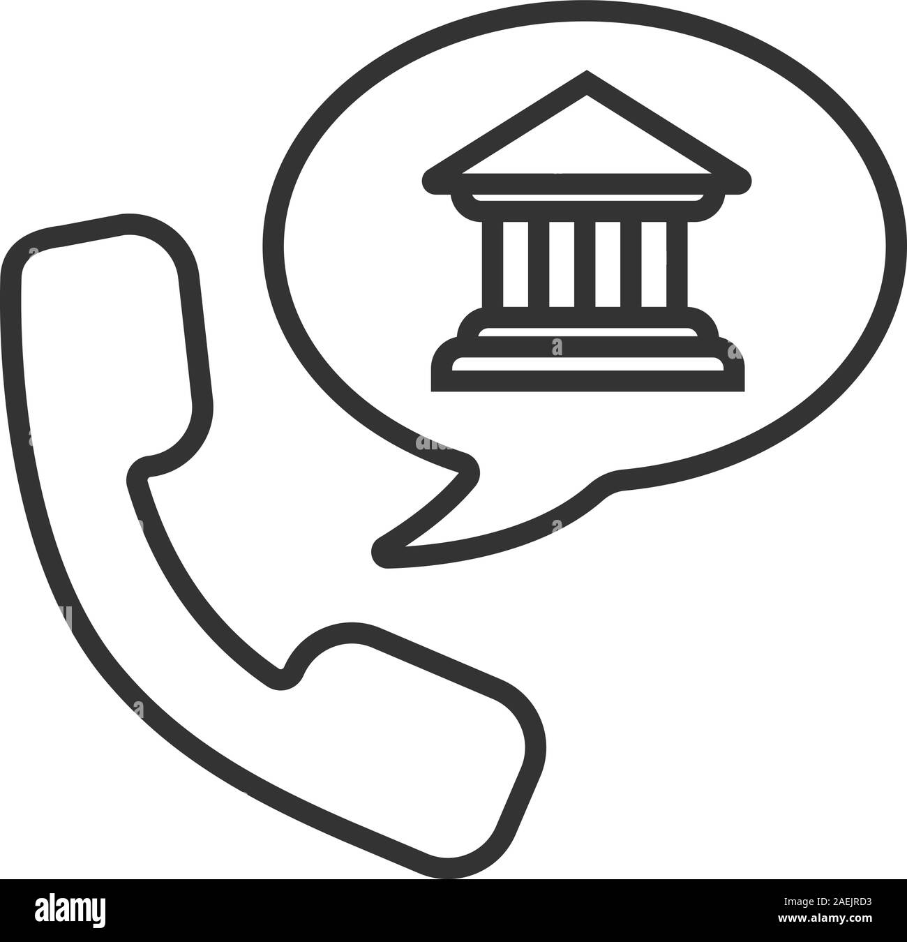 Bank Anruf linear Symbol. Dünne Linie Abbildung. Hörer mit Bank Gebäude, Sprechblase Kontur Symbol. Vektor isoliert Maßbild Stock Vektor