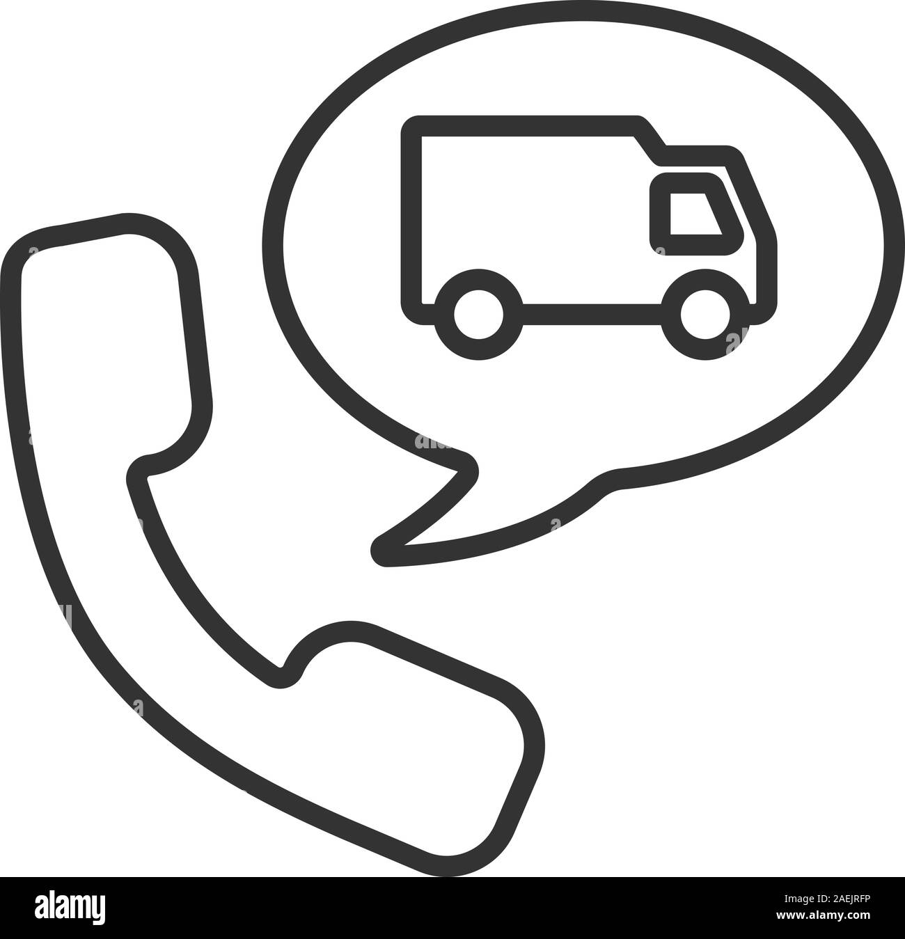 Anruf auf Lieferservice lineare Symbol. Dünne Linie Abbildung. Hörer mit Transport-LKW in der Sprechblase. Kontur Symbol. Vektor iso Stock Vektor