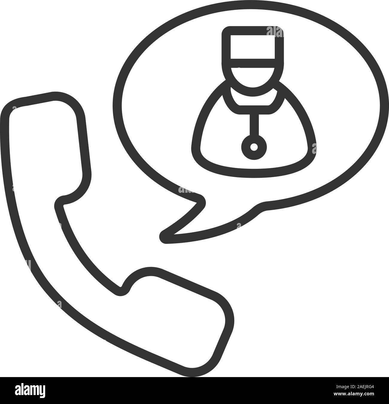 Anruf linear Symbol für den Arzt. Dünne Linie Abbildung. Hörer mit Therapeuten in der Sprechblase. Kontur Symbol. Vektor isoliert Maßbild Stock Vektor
