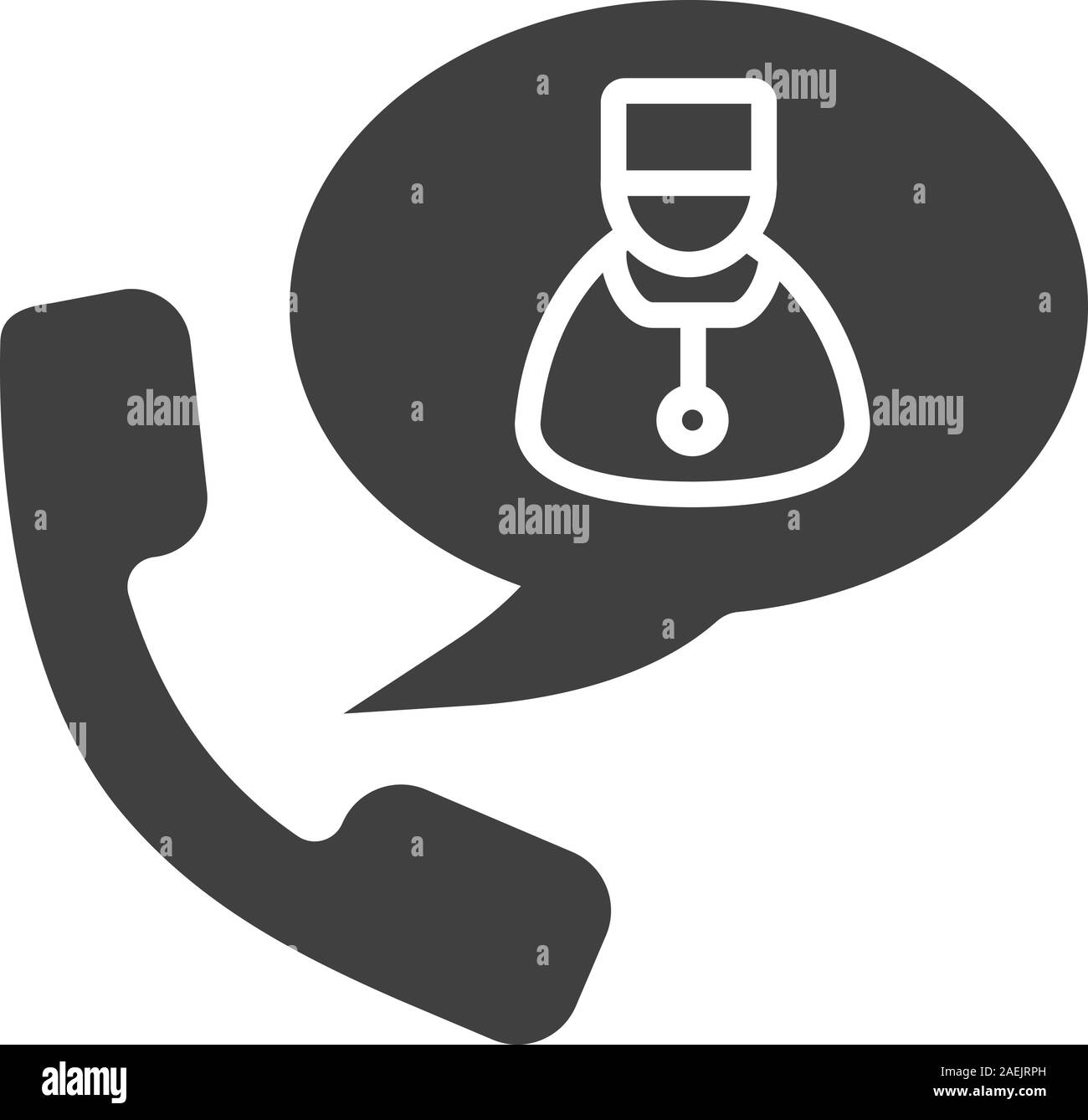 Anruf glyph Icon für den Arzt. Silhouette Symbol. Hörer mit Therapeuten in der Sprechblase. Negativer Platz. Vektor isoliert Abbildung Stock Vektor