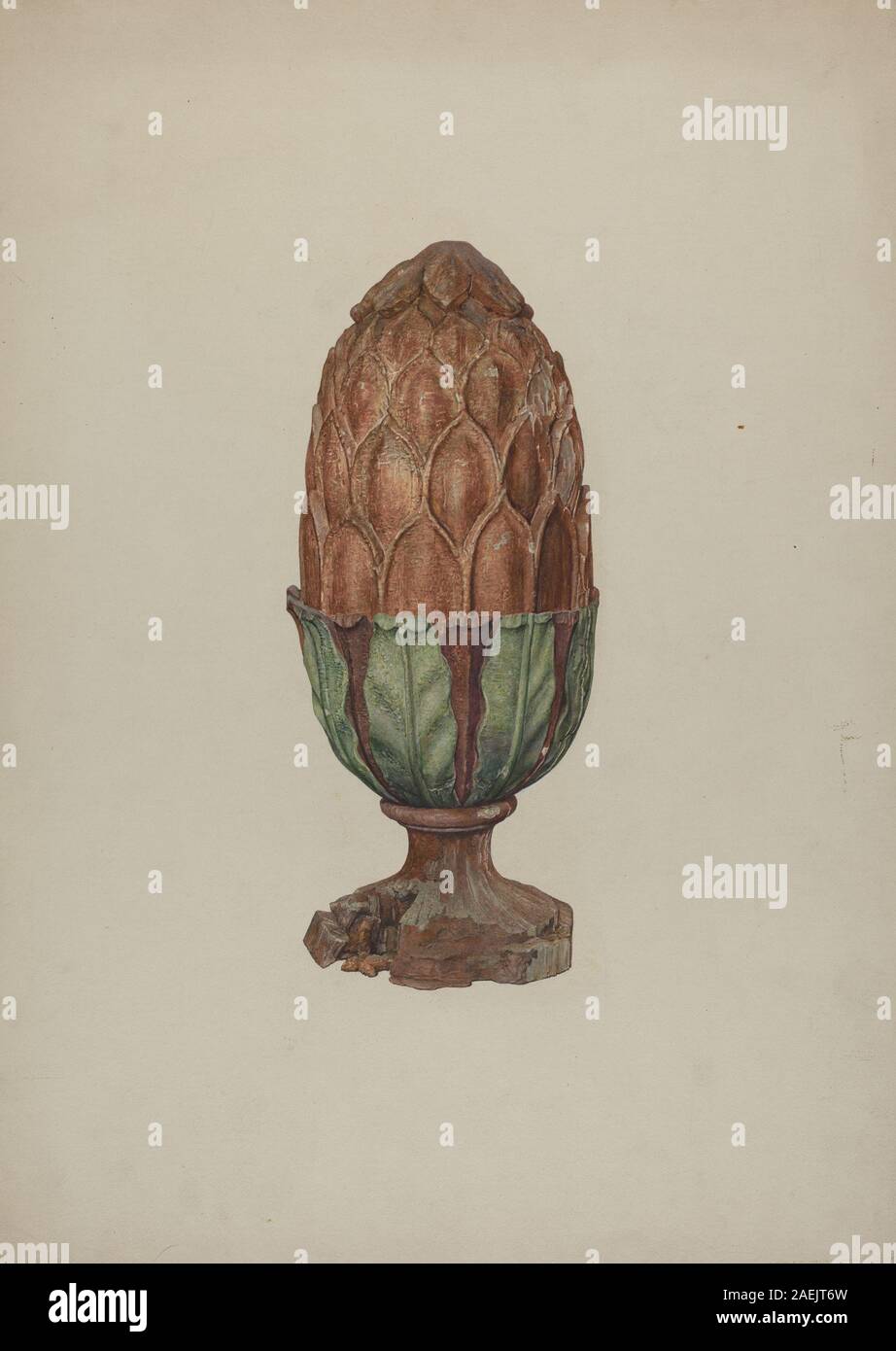 Ein von Marian Page um 1940 geschaffenes Pinial, das als dekoratives architektonisches Element entworfen und mit historischen Materialien und Details gefertigt wurde. Stockfoto