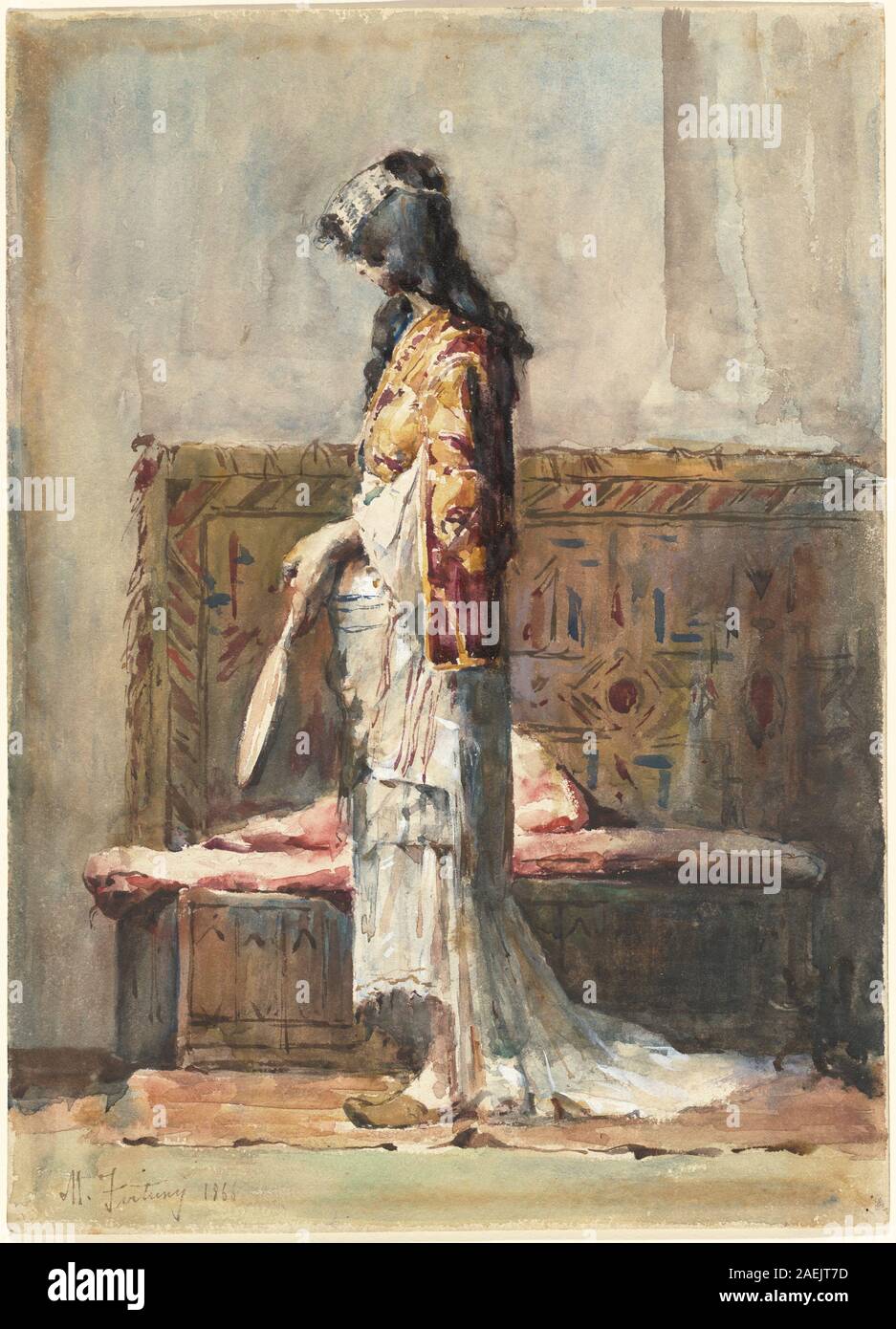 Eine marokkanische Frau in traditioneller Kleidung, gemalt von Mariano Fortuny y Carbó (1866), zeigt traditionelle Kleidung, Textilmuster und häusliche Kulturkleidung. Zeigt spanische Malerei aus dem 19. Jahrhundert und ethnographische Darstellung. Stockfoto