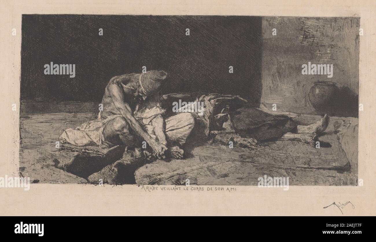 Ein Gemälde von Mariano Fortuny y Carbó aus dem Jahr 1866, das einen Araber zeigt, der über den Körper seines Freundes wacht und spanische Malerei aus dem 19. Jahrhundert, menschliche Figuren und erzählerische Komposition illustriert. Stockfoto