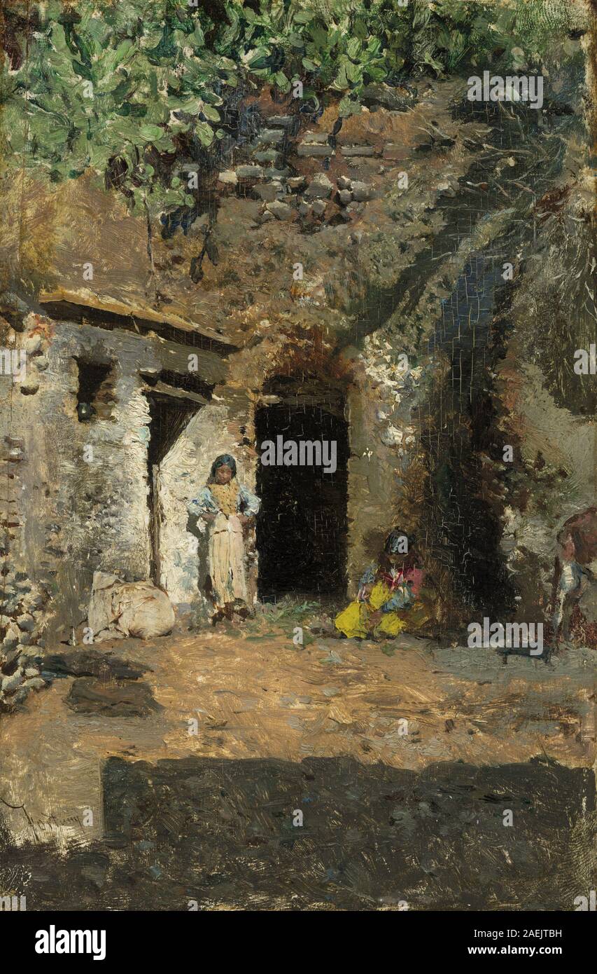Gypsy Caves, Granada von Mariano Fortuny y Carbó, um 1871, ein Gemälde, das Höhlenwohnungen zeigt, die von Roma in Granada, Spanien, besetzt wurden. Zeigt spanische Malerei, Landschaft und ethnographische Darstellung aus dem 19. Jahrhundert. Stockfoto