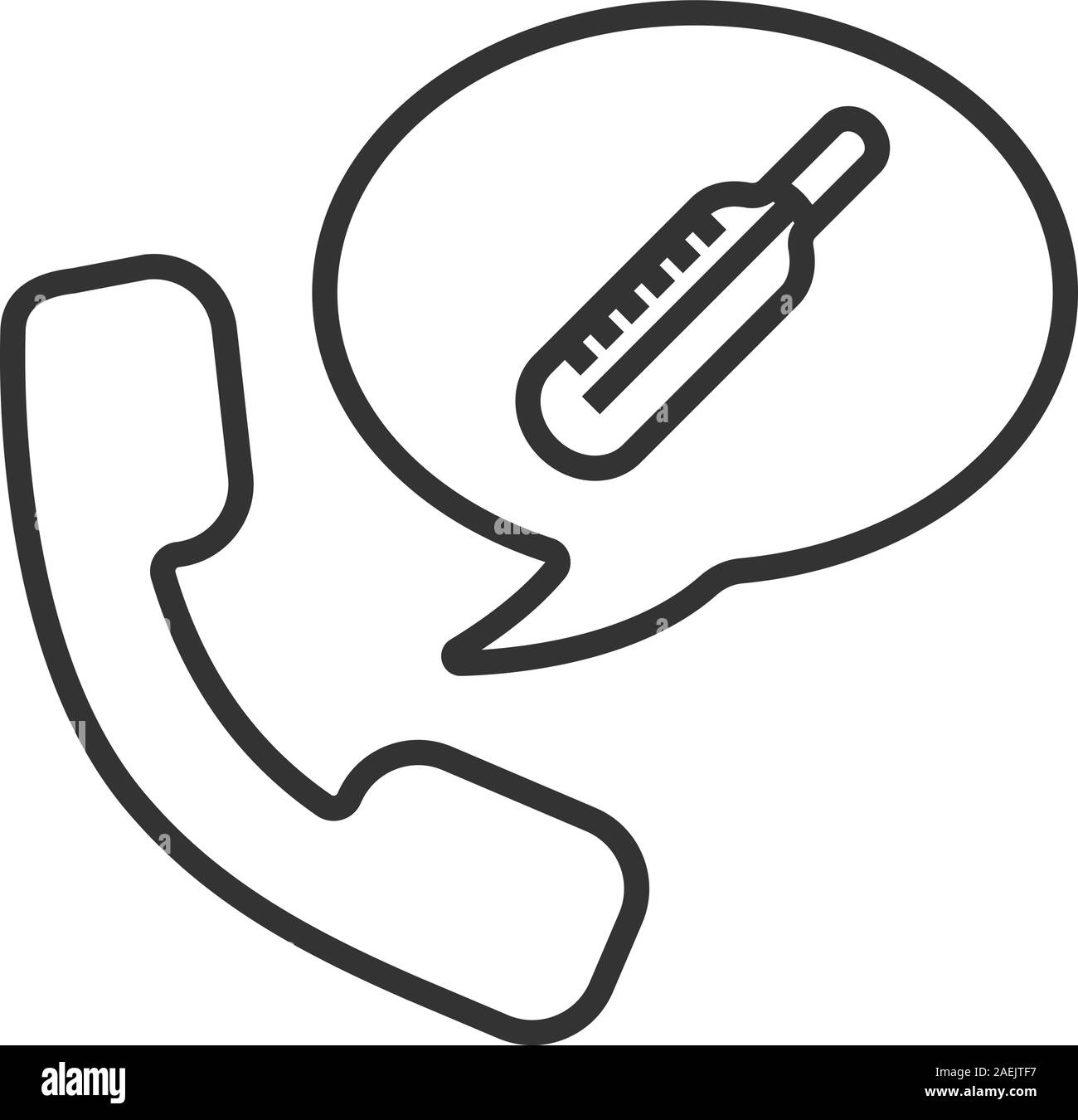 Anruf zum Krankenhaus lineare Symbol. Dünne Linie Abbildung. Mobilteil mit Thermometer innen Sprechblase. Kontur Symbol. Vektor isoliert Umrisse dra Stock Vektor