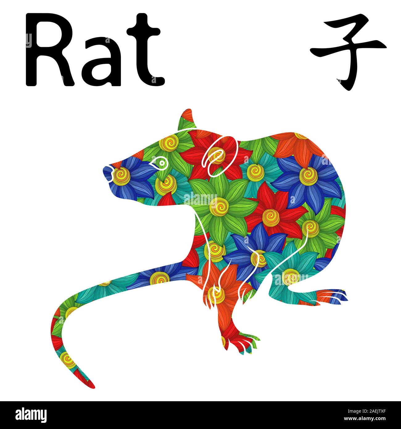 Chinesisches Zeichen Ratte, Symbol für das Neue Jahr auf dem Östlichen Kalender, Hand gezeichnet Vektor Schablone mit bunten Blumen auf weißem Hintergrund Stock Vektor
