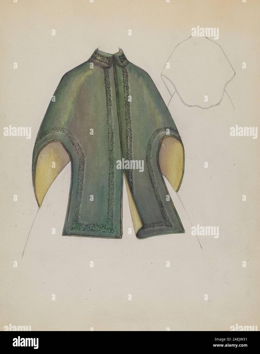 Der Dolmanmantel von Marie Mitchell, um 1936, zeigt einen breiten, fließenden Ärmel und einen taillierten Körper. Das Kleidungsstück veranschaulicht Mode, Textilauswahl und Konstruktionstechniken der Mitte der 1930er Jahre und reflektiert moderne Trends im Bekleidungsdesign. Stockfoto