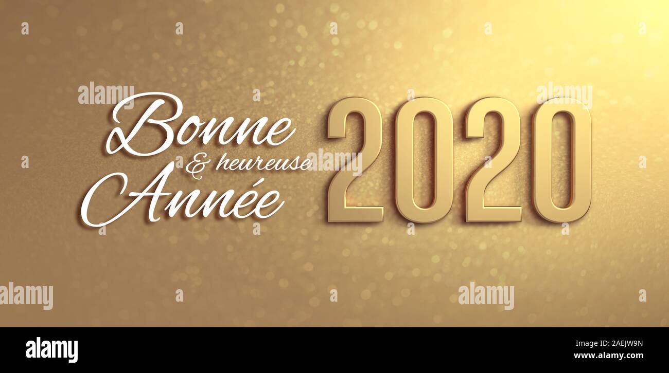 Neues Jahr 2020 Datum Anzahl und Grüße in französischer Sprache, auf einem glitzernden Gold Hintergrund - 3D-Darstellung Stockfoto