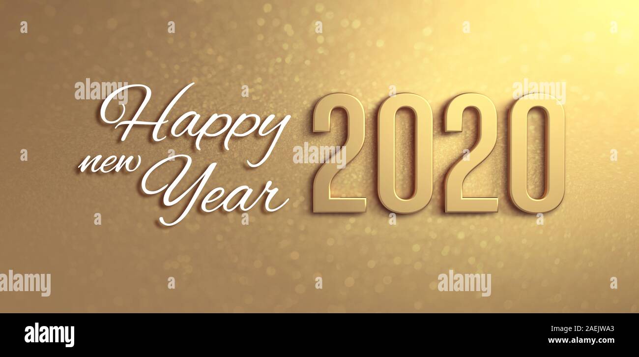 Neues Jahr 2020 Datum Anzahl und Grüße auf eine glitzernde Gold Hintergrund - 3D-Darstellung Stockfoto