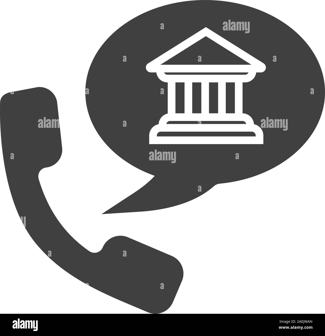 Bank Anruf glyph Icon. Silhouette Symbol. Hörer mit Bank Gebäude, Sprechblase. Negativer Platz. Vektor isoliert Abbildung Stock Vektor