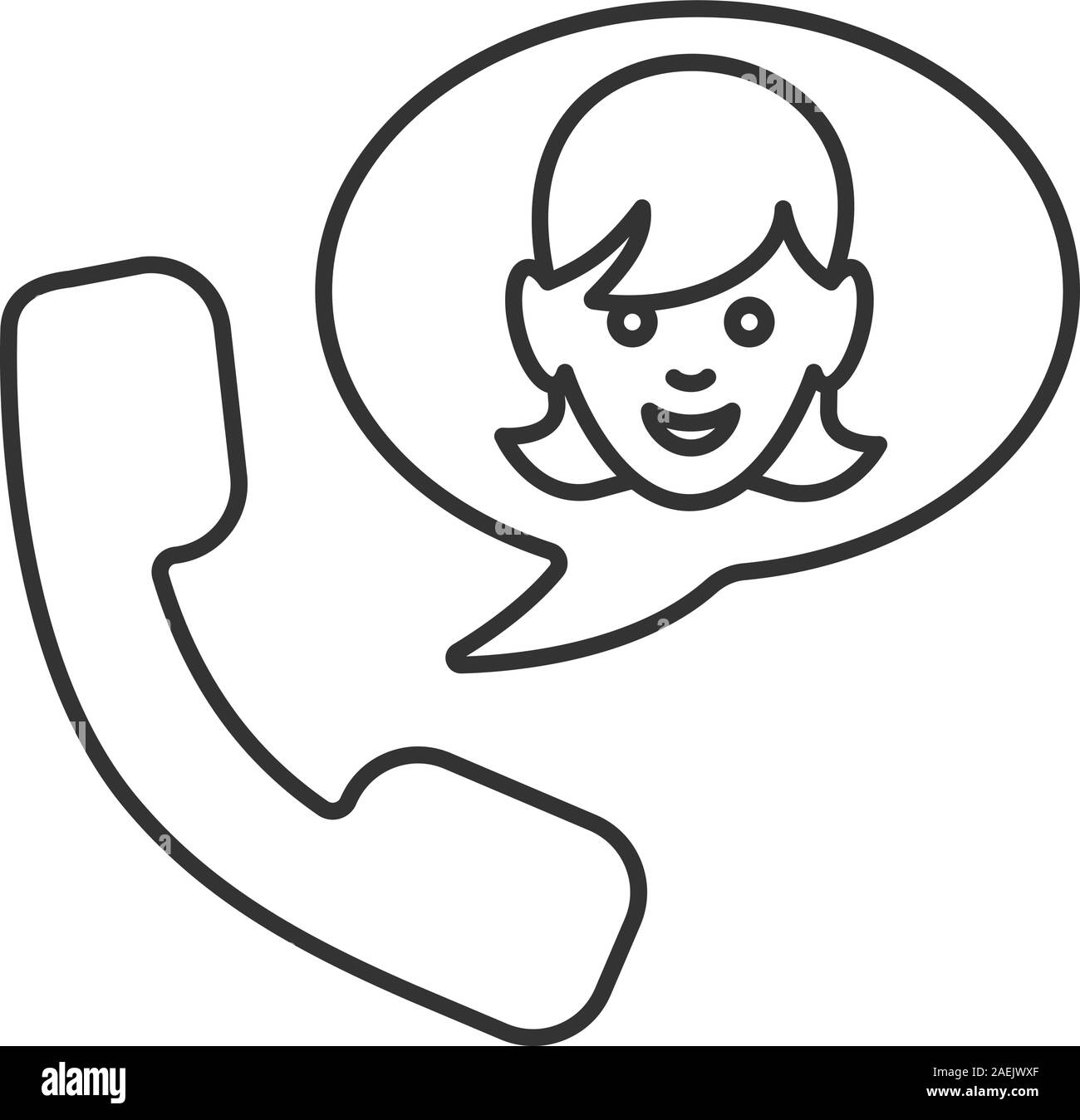 Telefonieren mit Mädchen lineare Symbol. Dünne Linie Abbildung. Hörer mit Mädchen in der Chat Box. Kontur Symbol. Vektor isoliert Maßbild Stock Vektor