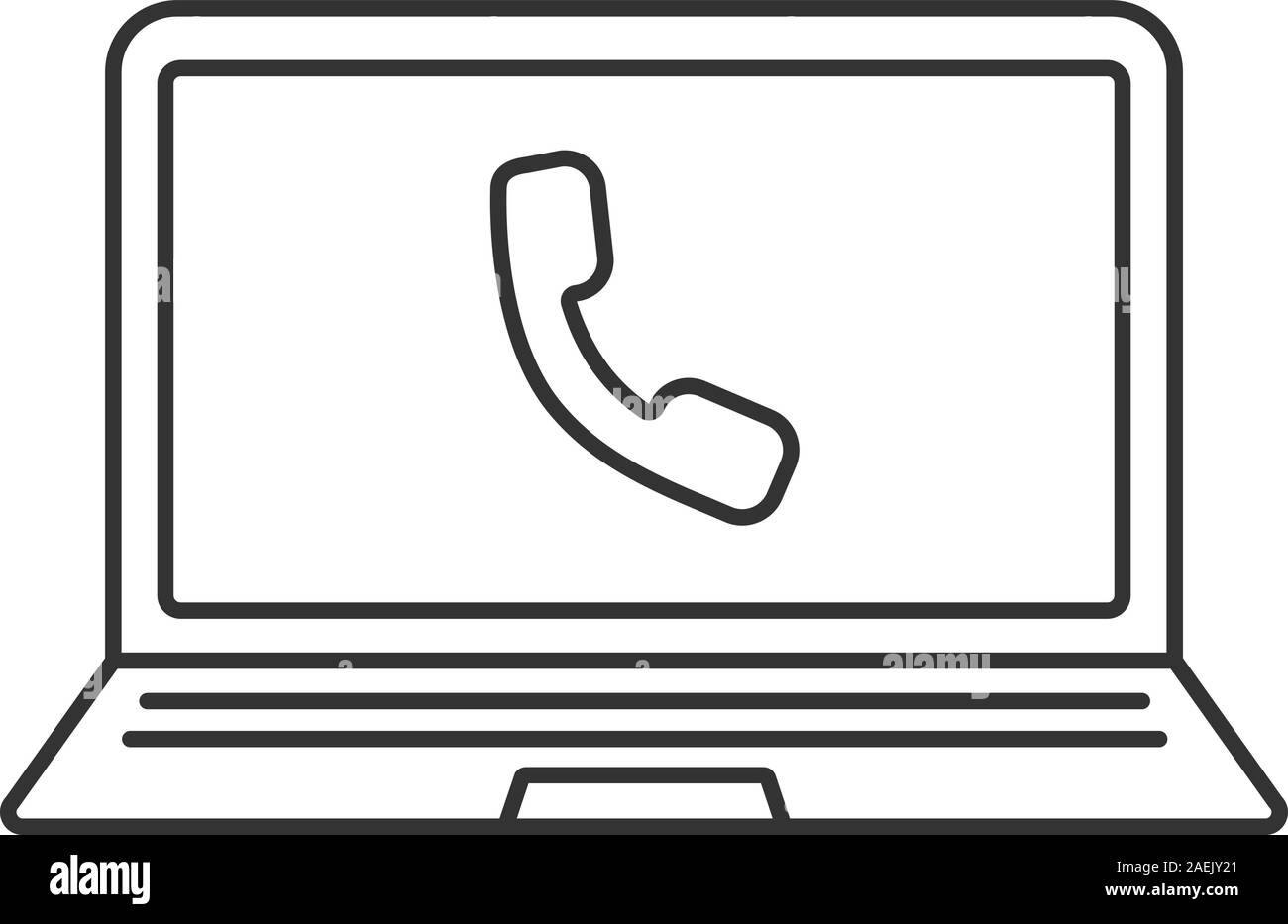 Laptop Anruf linear Symbol. Dünne Linie Abbildung. Notebook mit Hörer Kontur Symbol. Vektor isoliert Maßbild Stock Vektor