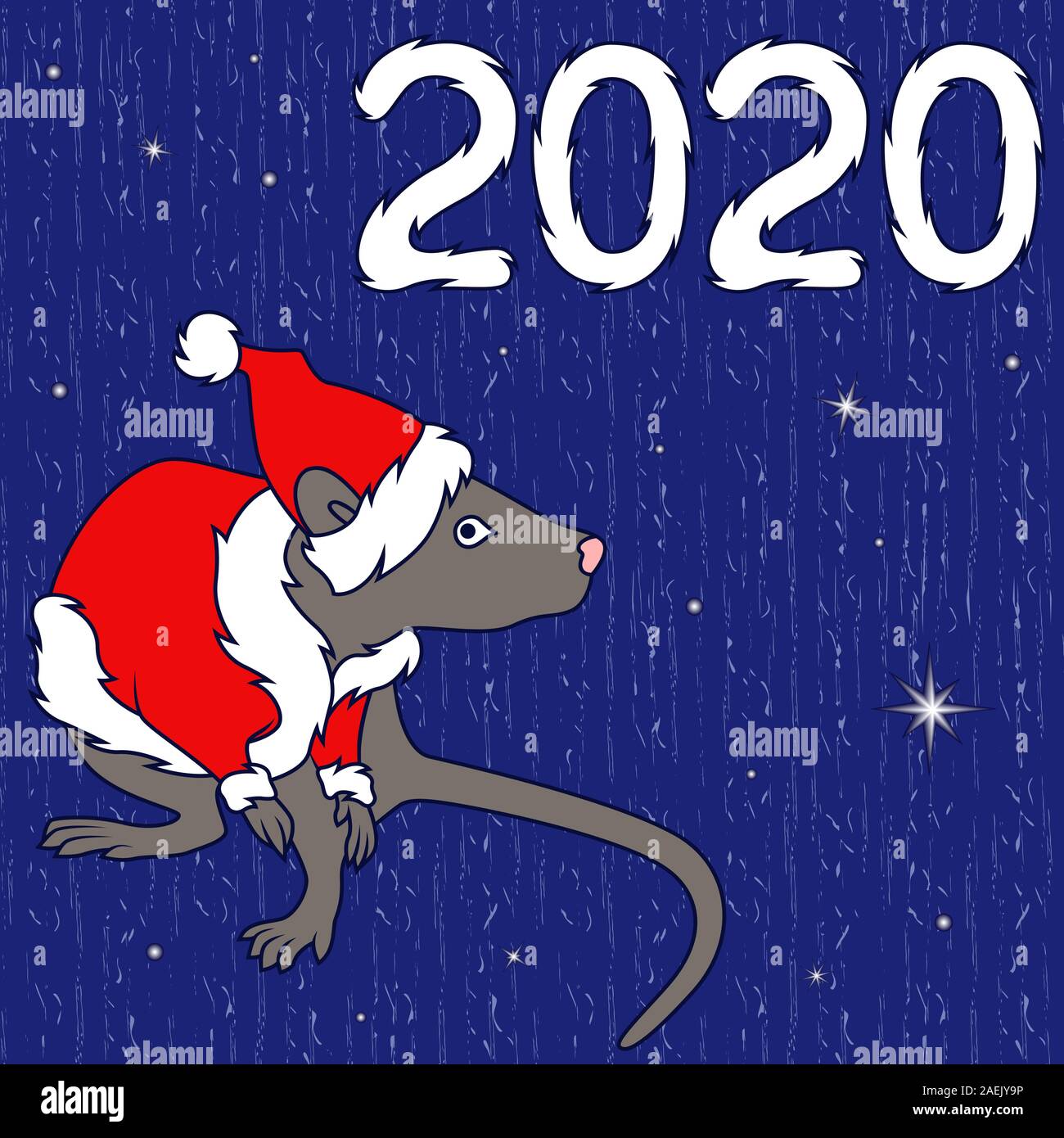 Chinesisches Zeichen Ratte, in Santa Jacke und Hut, Symbol für das Neue Jahr auf dem Östlichen Kalender, handgezeichnete Abbildung auf dem gedeckten Blau Muster mit Stern, Ba Stock Vektor