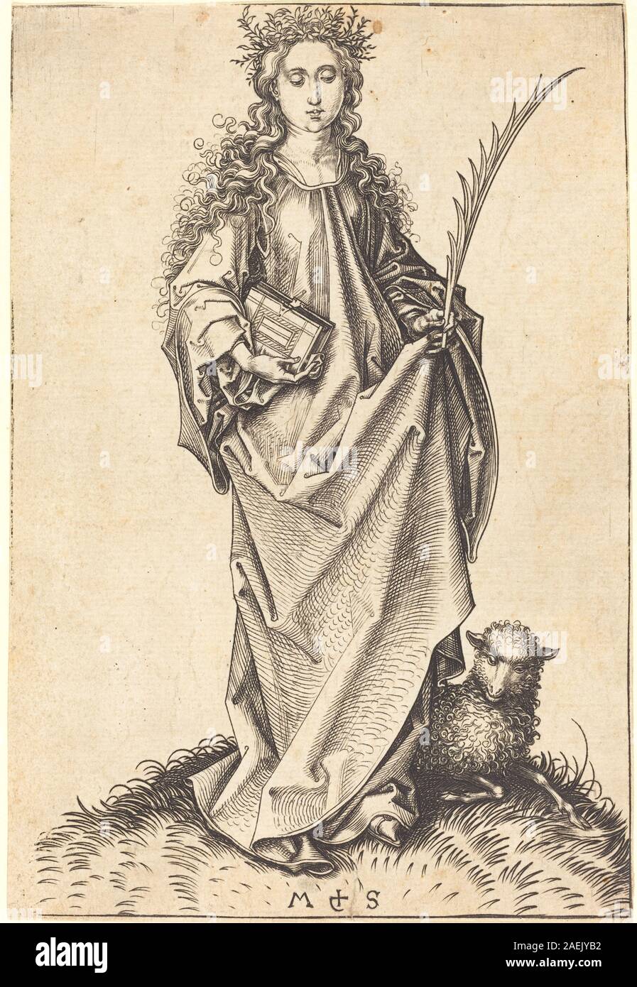 St. Agnes, geschaffen von Martin Schongauer um 1475, zeigt den christlichen Märtyrer mit ikonographischen Symbolen in einer für das Ende des 15. Jahrhunderts typischen religiösen Komposition. Stockfoto
