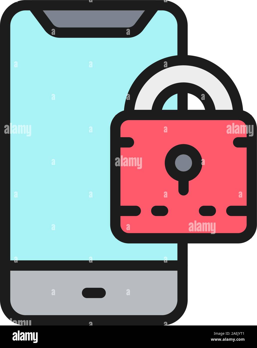 Vorhängeschloss mit Telefon, gesperrtes Smartphone flat Color Line Symbol. Stock Vektor