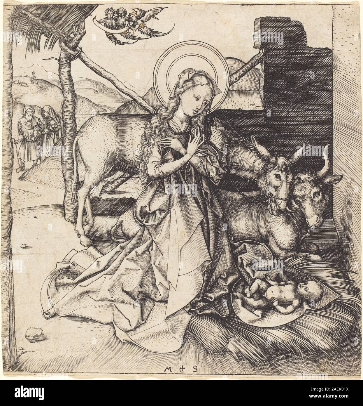 Die Geburt von Martin Schongauer, geschaffen um 1480–1490, zeigt die Geburt Christi in einem Stall, in dem Maria, Josef, Engel und Tiere anwesend sind. Der Stich verwendet detaillierte Linienarbeiten und mittelalterliche Ikonographie, um religiöse Erzählungen, Hingabe und europäischen künstlerischen Stil des 15. Jahrhunderts zu vermitteln. Stockfoto