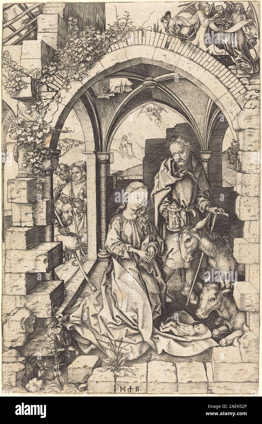Die Geburt von Martin Schongauer, geschaffen um 1470–1475, zeigt die Geburt Christi in einem Stall, umgeben von Maria, Josef, Engeln und Tieren. Der Stich zeigt detaillierte Linienarbeiten, religiöse Ikonographie und mittelalterliche künstlerische Konventionen, wobei der Schwerpunkt auf sakralen Erzählungen und symbolischen Elementen liegt, die typisch für die europäische Druckerei des 15. Jahrhunderts sind. Stockfoto