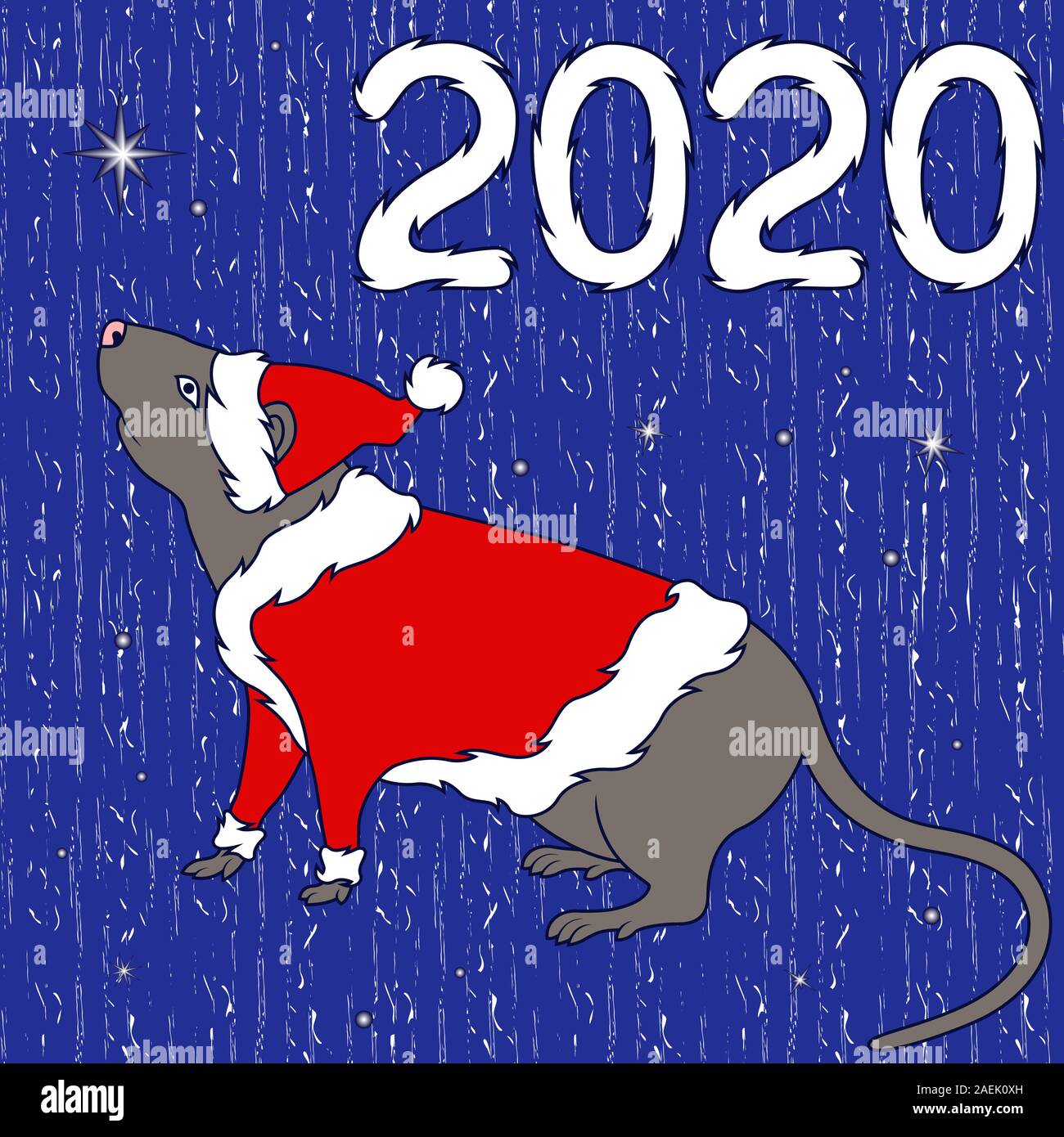 Chinesisches Zeichen Ratte in Santa Kostüm, Symbol für das Neue Jahr auf dem Östlichen Kalender, handgezeichnete Abbildung auf dem gedeckten Blau Muster, Hintergrund uns werden können Stock Vektor
