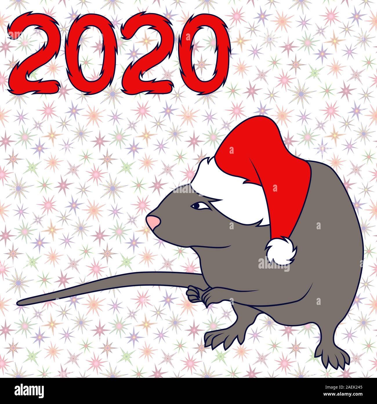 Chinesisches Tierzeichen Ratte in Santa Hut, Symbol für das Neue Jahr auf dem Östlichen Kalender, handgezeichnete Abbildung auf dem gedeckten Muster mit Stern, Hintergrund werden kann Stock Vektor