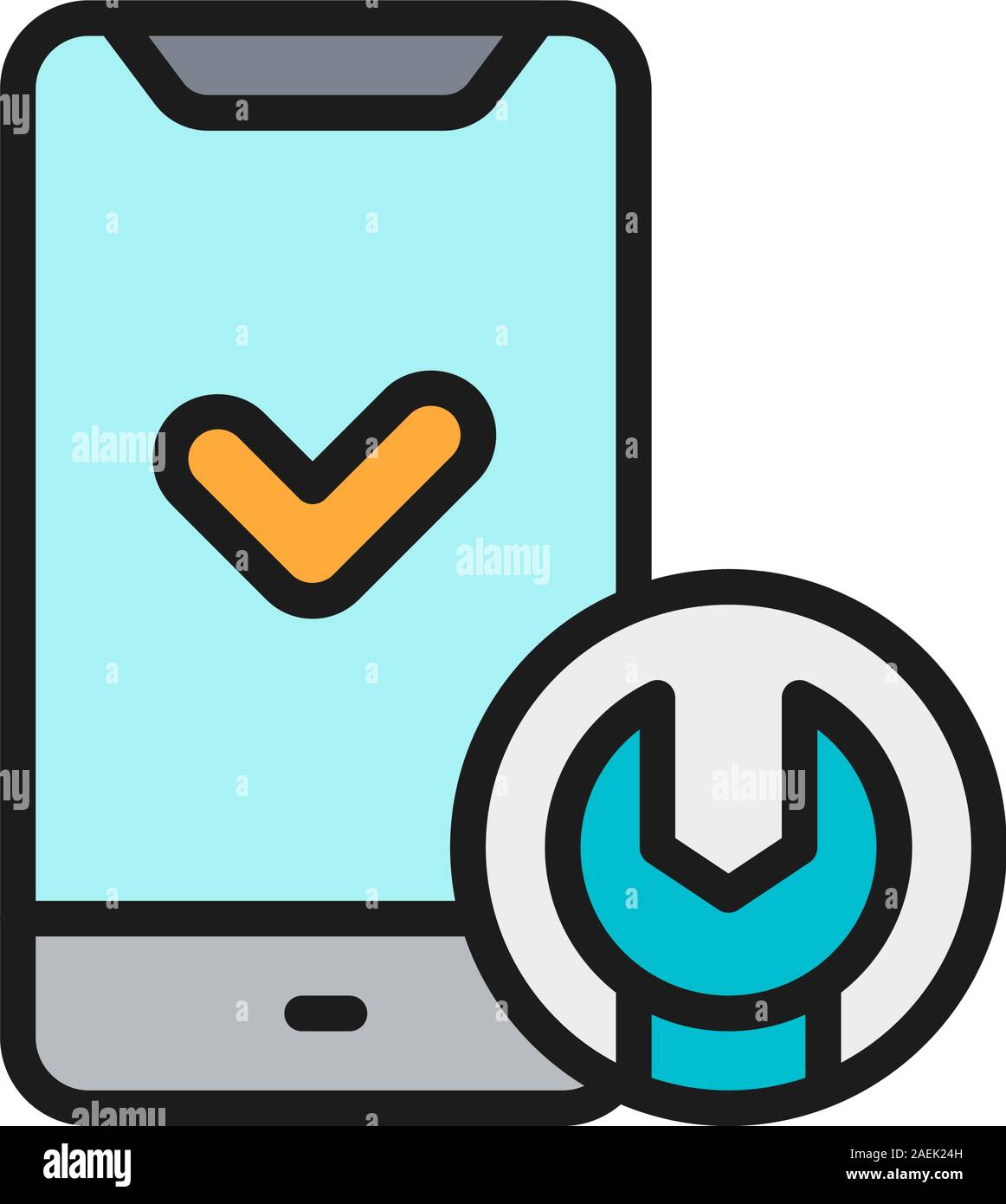 Telefon mit Schraubenschlüssel, Smartphone Reparatur flat Color Line Symbol. Stock Vektor