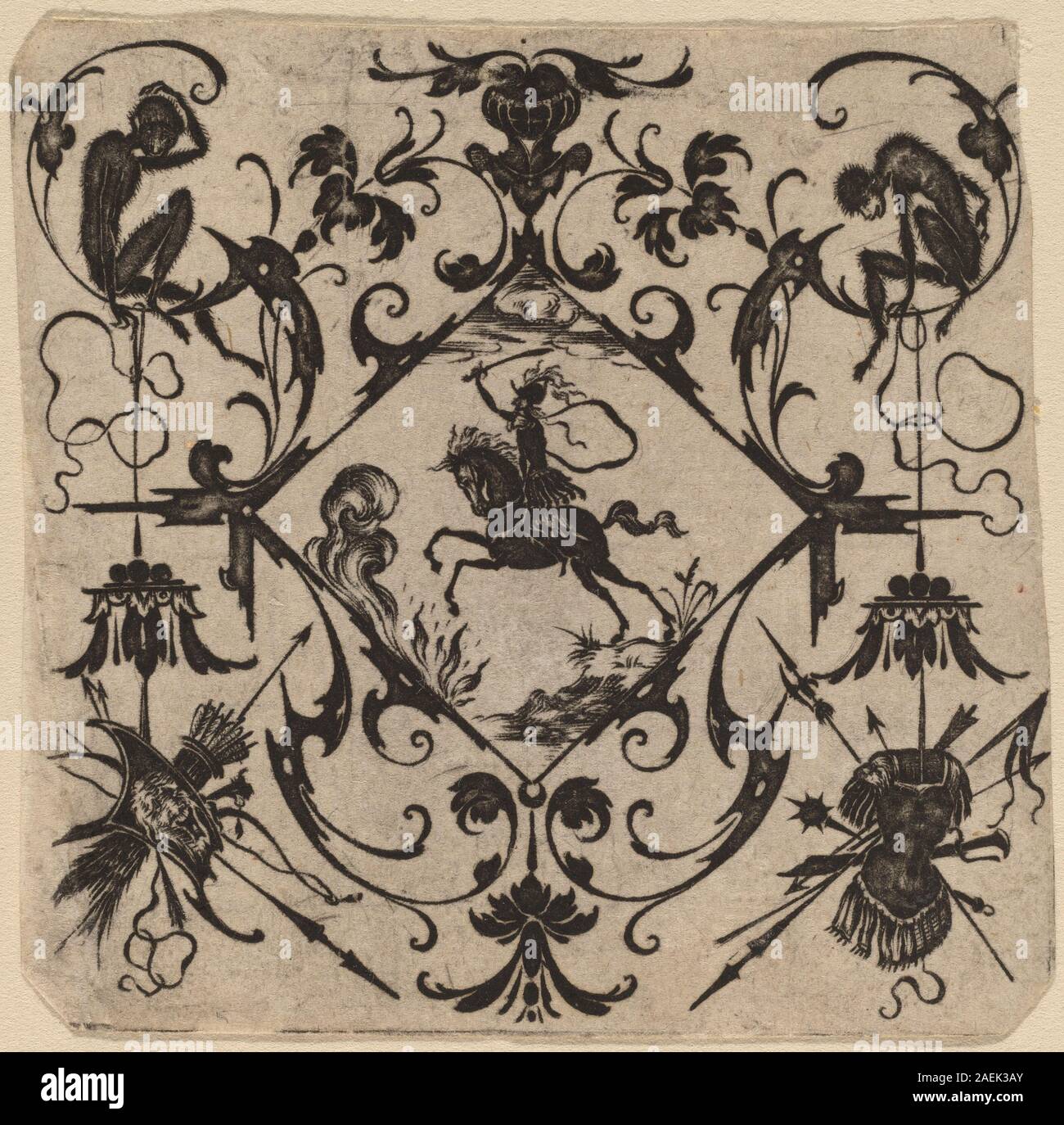 Ein dekoratives Design von Meister CR, 1616, mit grotesken Ornamenten mit symmetrischen Mustern, Mensch-Tier-Hybridfiguren, Laubmotiven und architektonischen Verzierungen, die typisch für Renaissance-Ornamente sind. Stockfoto