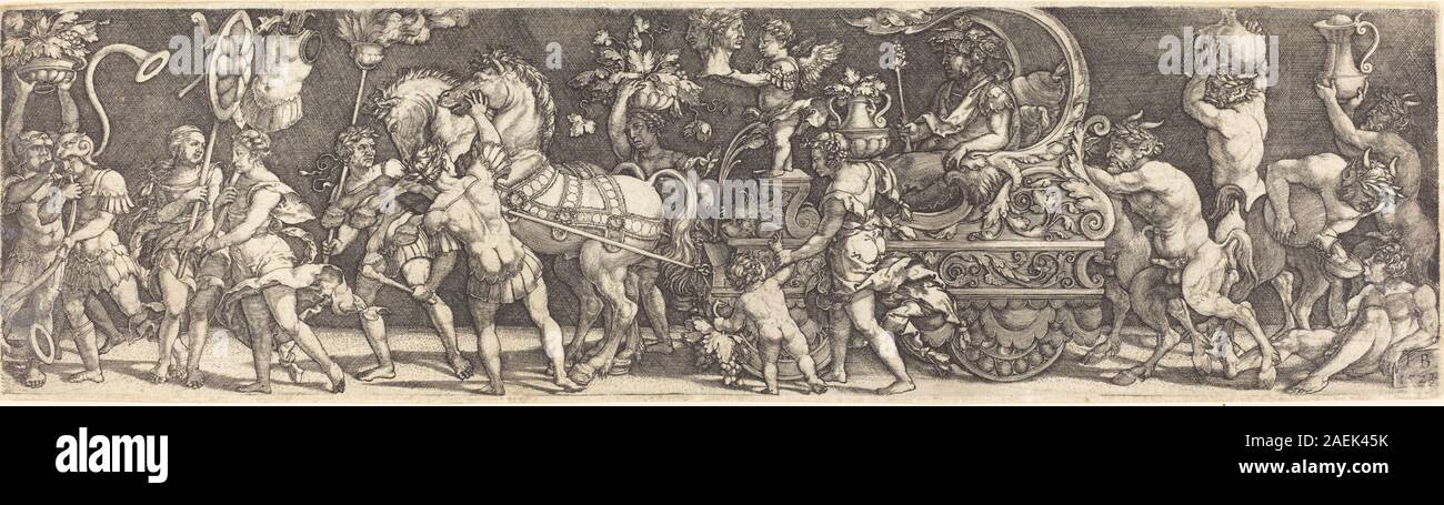 Der Triumph von Bacchus, der 1528 von Meister IB geschaffen wurde, zeigt Bacchus in einer festlichen Prozession. Die Komposition betont mythologisches Thema, menschliche Figuren und den künstlerischen Stil der Renaissance mit dynamischen Gesten und detaillierter Kleidung. Stockfoto