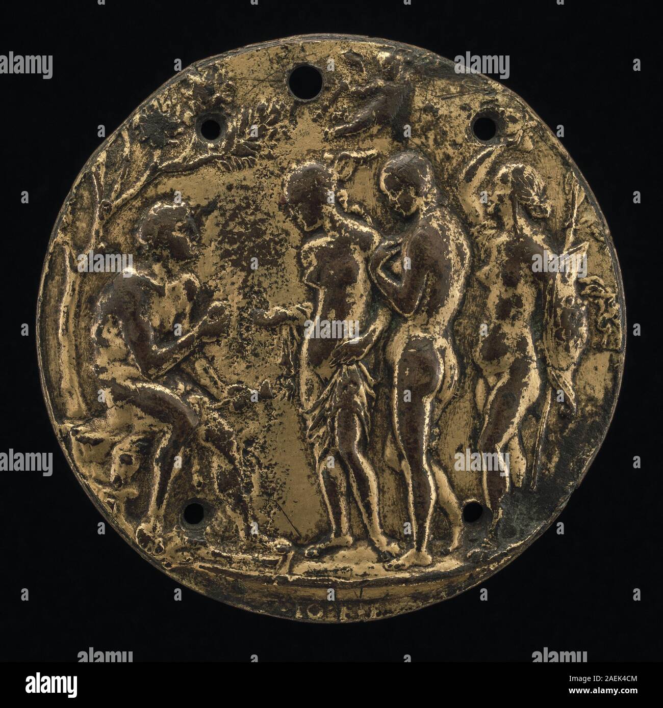 Gemälde von Meister IOFF, das das Urteil von Paris zeigt, zeigt Paris, drei Göttinnen, symbolische Objekte, Gesten, und kompositorische Arrangements aus der griechischen Mythologie. Stockfoto