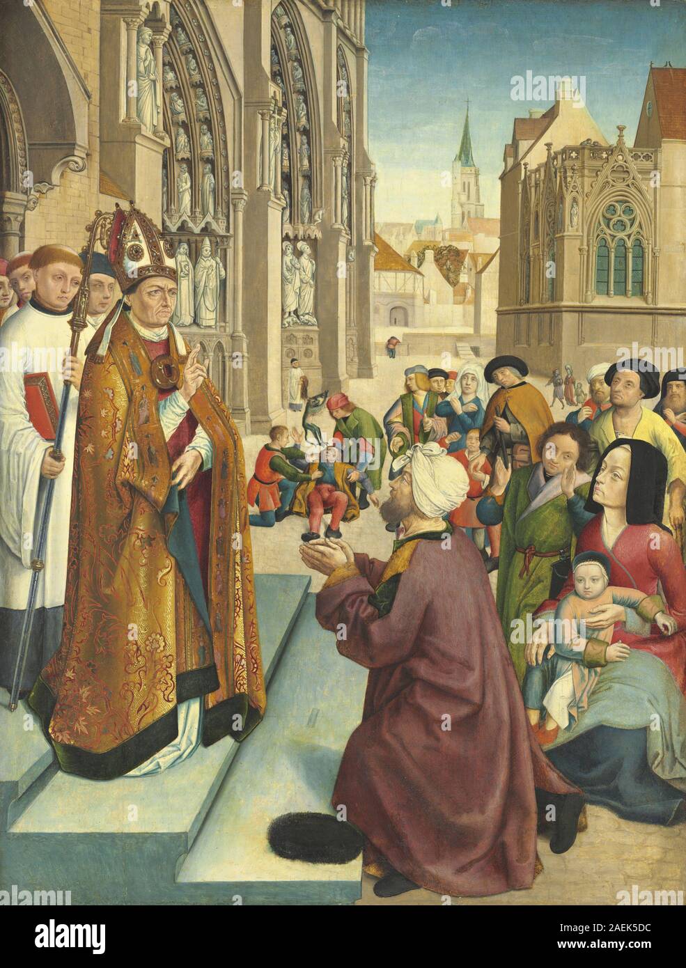 Dieses Werk des Meisters von Saint Giles und Assistent zeigt Episoden aus dem Leben eines bischofsheiligen, geschaffen um 1500. Die Serie veranschaulicht Schlüsselmomente, religiöse Rituale und die Interaktion des Bischofs mit anderen Figuren unter Verwendung stilistischer Konventionen des frühen 16. Jahrhunderts. Stockfoto