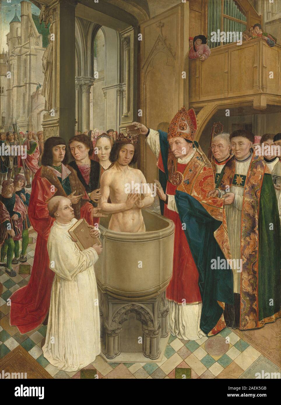 Dieses Gemälde des Meisters von Saint Giles, das um 1500 entstanden ist, zeigt die Taufe von König Clovis. Es betont religiöses Ritual, historische Figuren, den gotischen Stil des frühen 16. Jahrhunderts und die zeremoniellen Aspekte der christlichen Umkehr. Stockfoto
