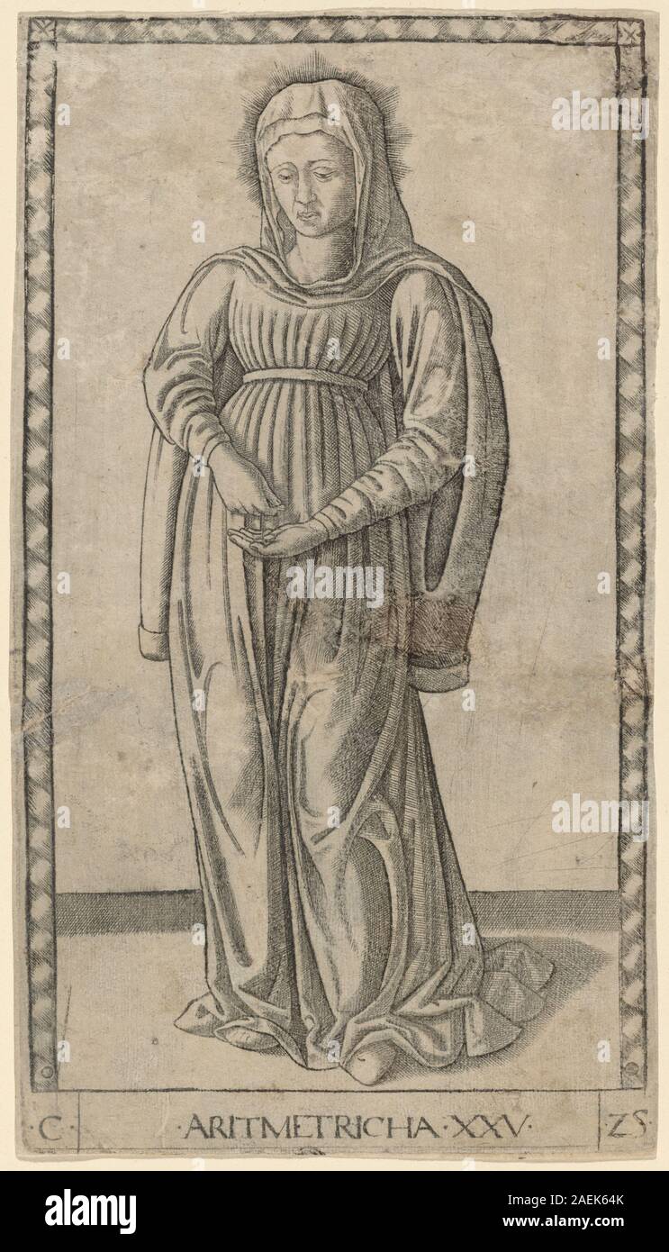 Dieser 1465er-Kartenstich „Aritmetricha (Arithmetic)“ des Meisters der E-Serie Tarocchi zeigt eine Figur, die Arithmetik illustriert und symbolische Werkzeuge, Zahlen und dekorative Motive zeigt, die typisch für italienische Tarocchi-Karten aus der Mitte des 15. Jahrhunderts sind. Stockfoto