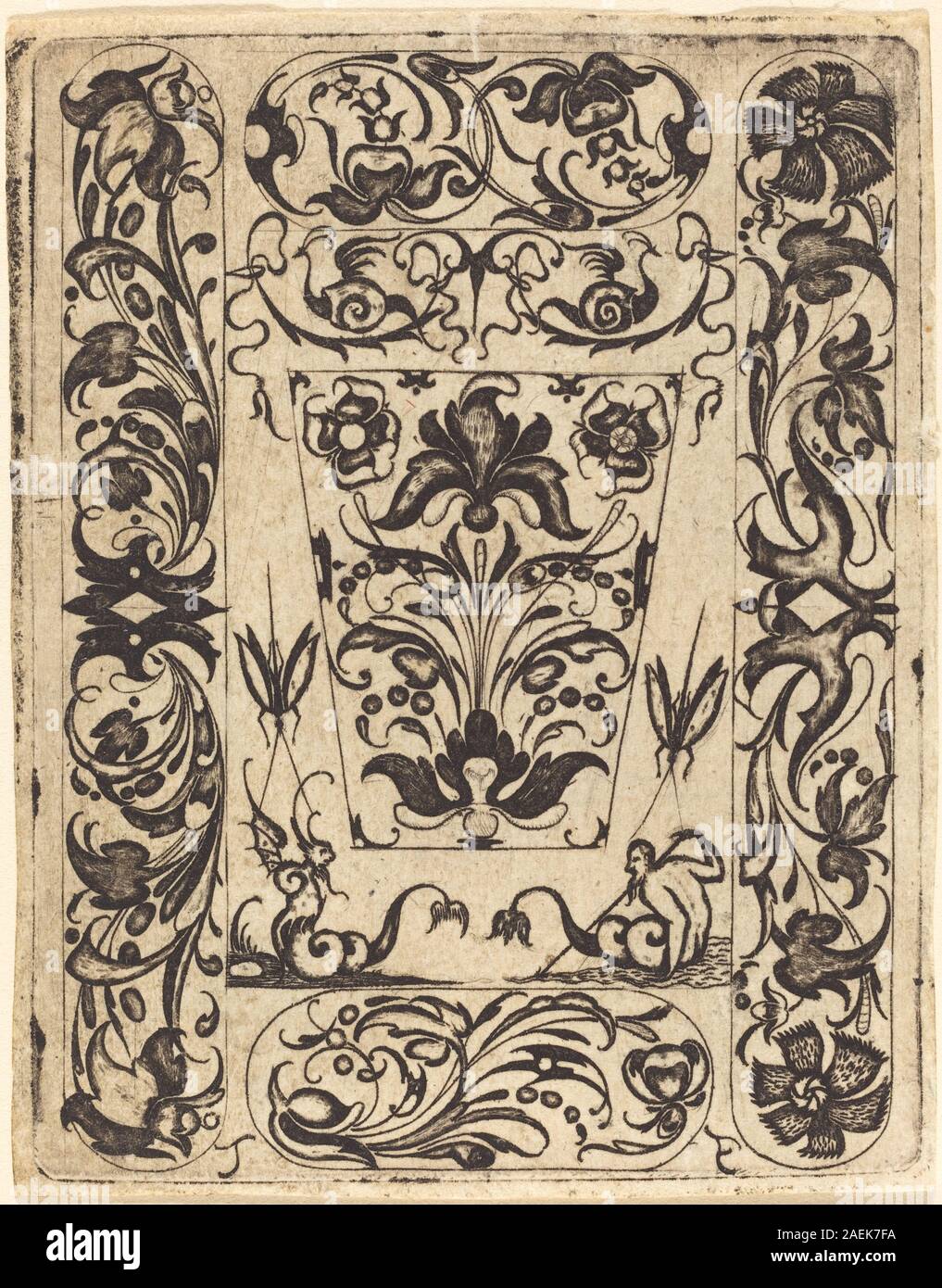 Diese Gravur „Ornament“ von Meister TF zeigt ein dekoratives Design mit symmetrischen Mustern, stilisierten Motiven und detaillierten Linien, das spätmittelalterliche europäische Ornamentkunst und Gravurtechnik veranschaulicht. Stockfoto