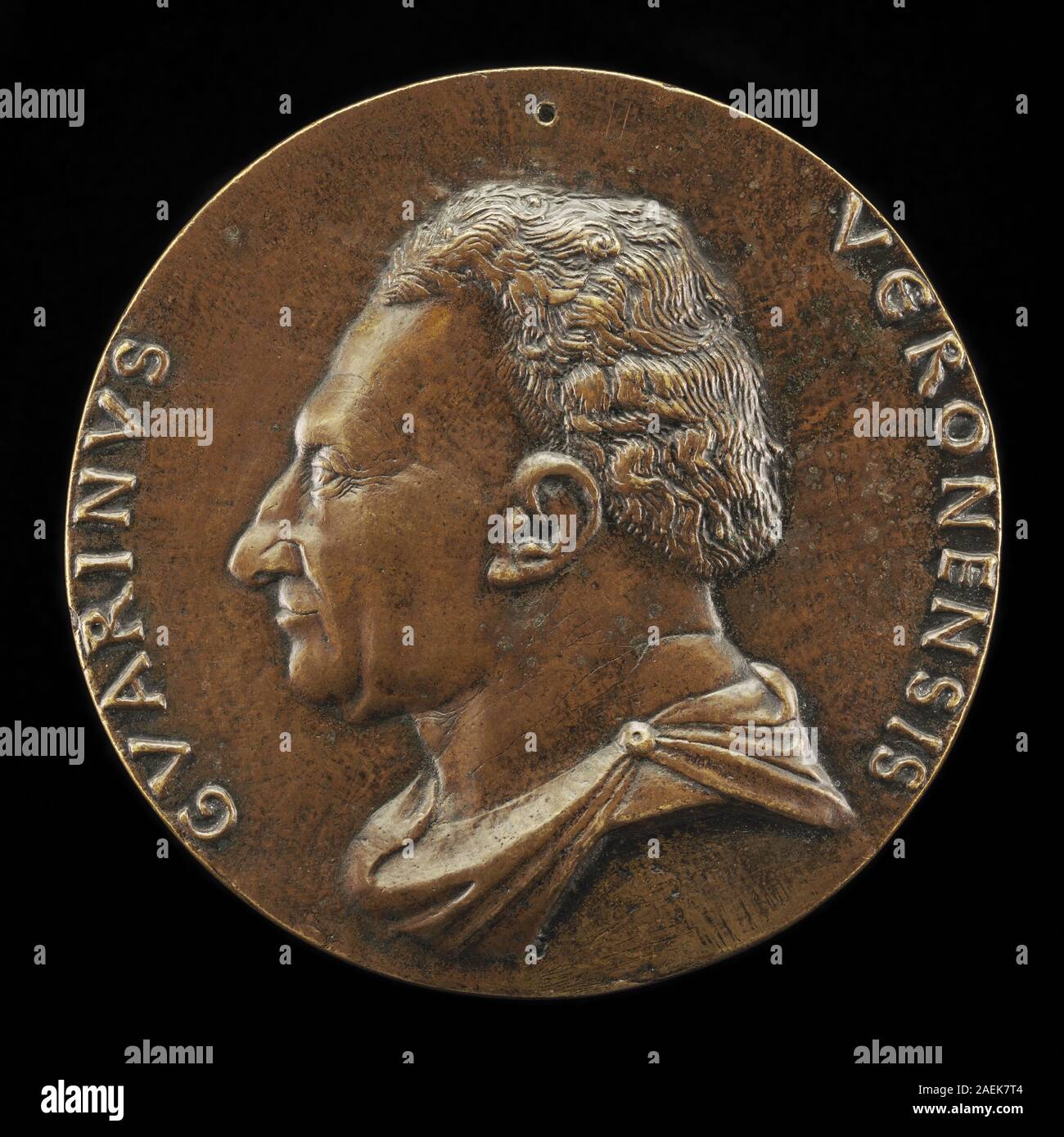 Eine Medaille von Matteo de’ Pasti um 1446, die Guarino da Verona (1374–1460) darstellt, mit Profil, Inschrift, klassischem Porträt und italienischem humanistischem Design aus der Mitte des 15. Jahrhunderts. Stockfoto