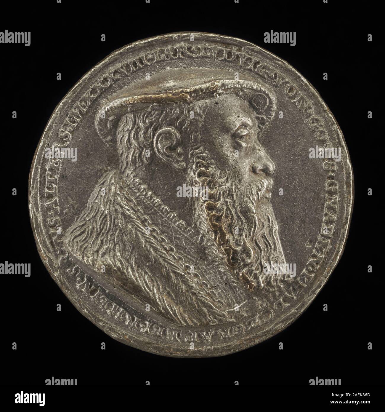 Diese Medaille mit dem Herzog Ludwig X. von Bayern wurde von Matthes Gebel zwischen 1495 und 1545 geschaffen. Die Vorderseite zeigt sein Profil mit Insignien, die an seinen Rang und Status erinnern. Stockfoto