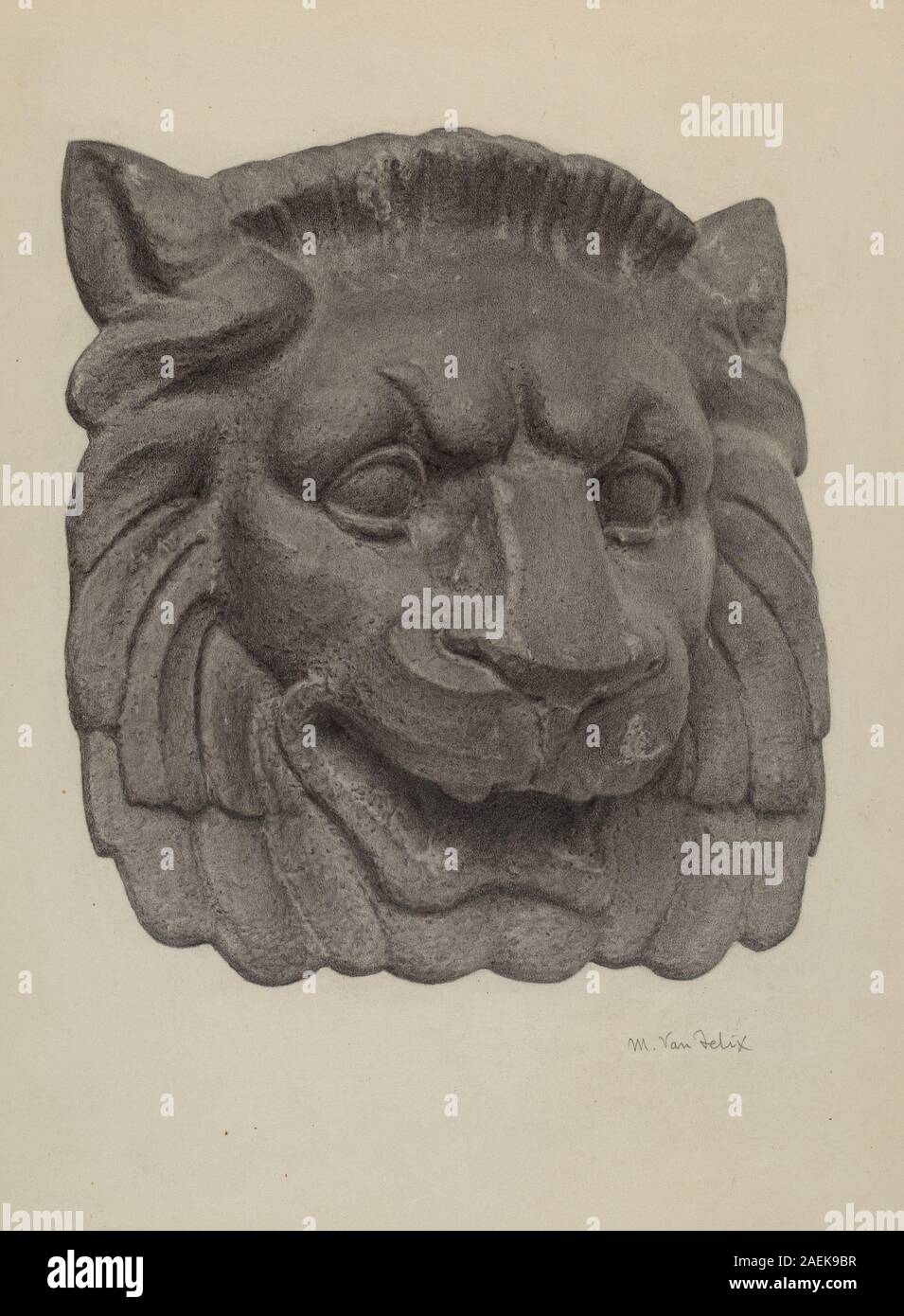 Skulpturaler Löwenmaul von Maurice Van Felix um 1940, mit geschnitzter oder geformter Form, Details, ausdrucksstarken Merkmalen und dekorativer Funktion als Teil eines Paares. Stockfoto