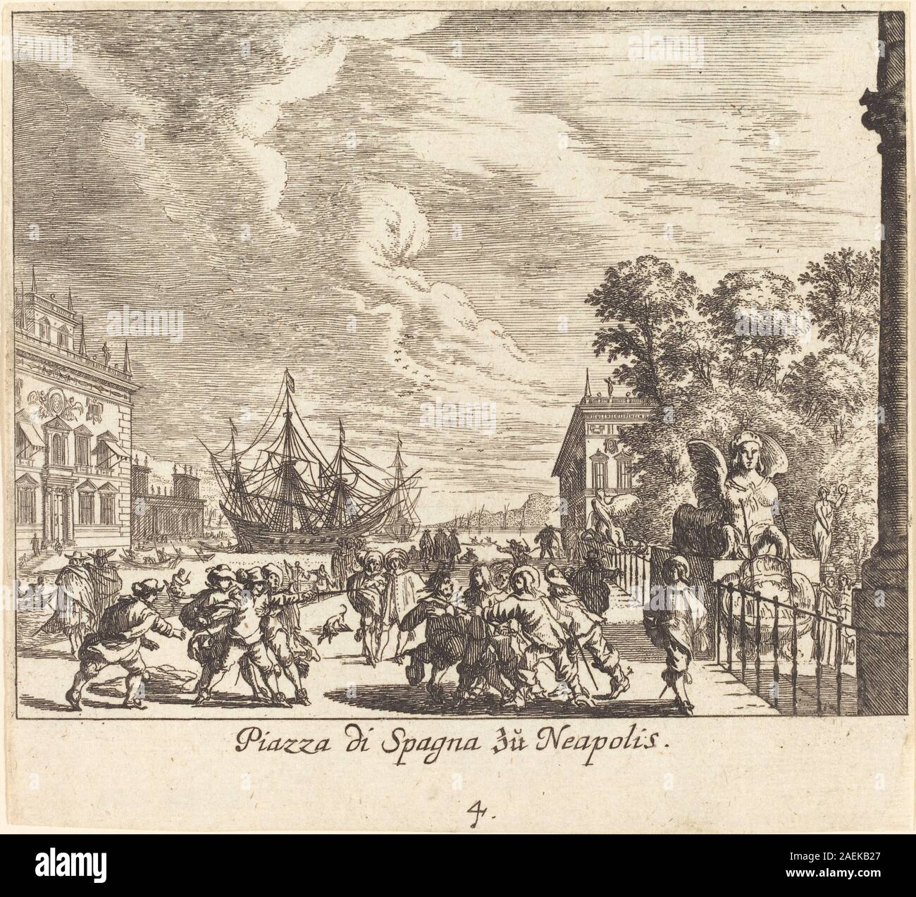 Darstellung der Piazza di Spagna in Neapel von Melchior Küsel nach Johann Wilhelm Baur, 1681, mit öffentlichem Platz, Treppe, Brunnen, umgebende Gebäude und italienischer Architekturstil aus dem 17. Jahrhundert. Stockfoto