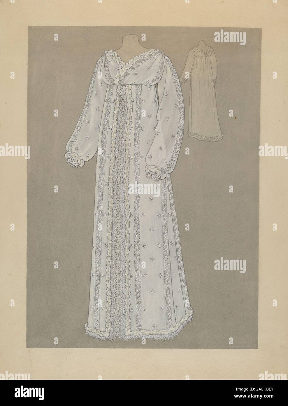 Dieses Kleid, das um 1936 von Melita Hofmann entworfen wurde, ist ein maßgeschneidertes Kleidungsstück für den Oberkörper. Das Stück betont Stoff, Stil, Handwerkskunst und Mode der 1930er Jahre und hebt Struktur hervor. Silhouette und dekorative Details. Stockfoto