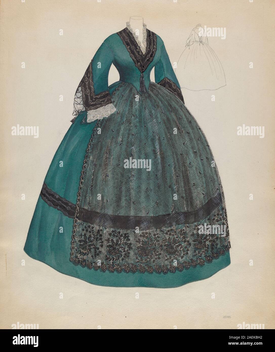 Dieses Kleid wurde um 1937 von Melita Hofmann entworfen und ist ein maßgeschneidertes Kleidungsstück für den Oberkörper. Es betont Mode, Stoff, Struktur, Silhouette und dekorative Details der 1930er Jahre, die Handwerkskunst und den Stil der Zeit veranschaulicht. Stockfoto