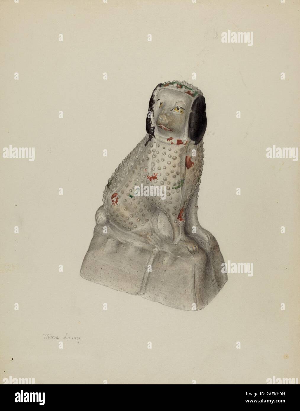 Eine Holzfigur eines deutschen Prinzen Charles Spaniel aus Pennsylvania von Mina Lowry aus dem Jahr 1940, mit geschnitztem Körper, gemalten Details, Fellstruktur, Haltung, und amerikanische Volkskunst des frühen 20. Jahrhunderts. Stockfoto